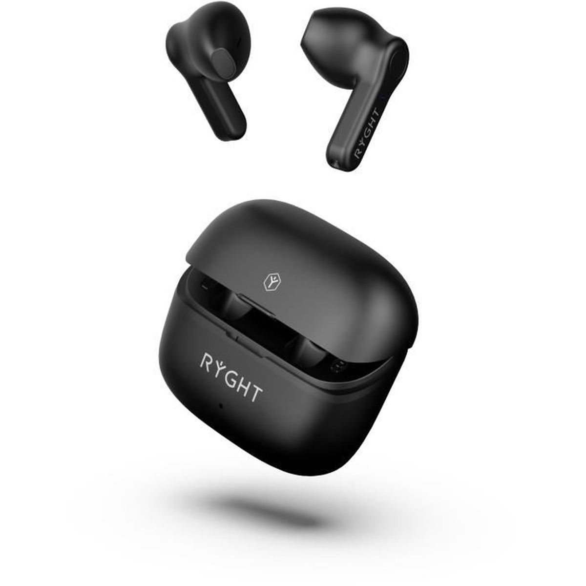 Auricolari wireless neri con custodia di ricarica aperta e logo su sfondo bianco.