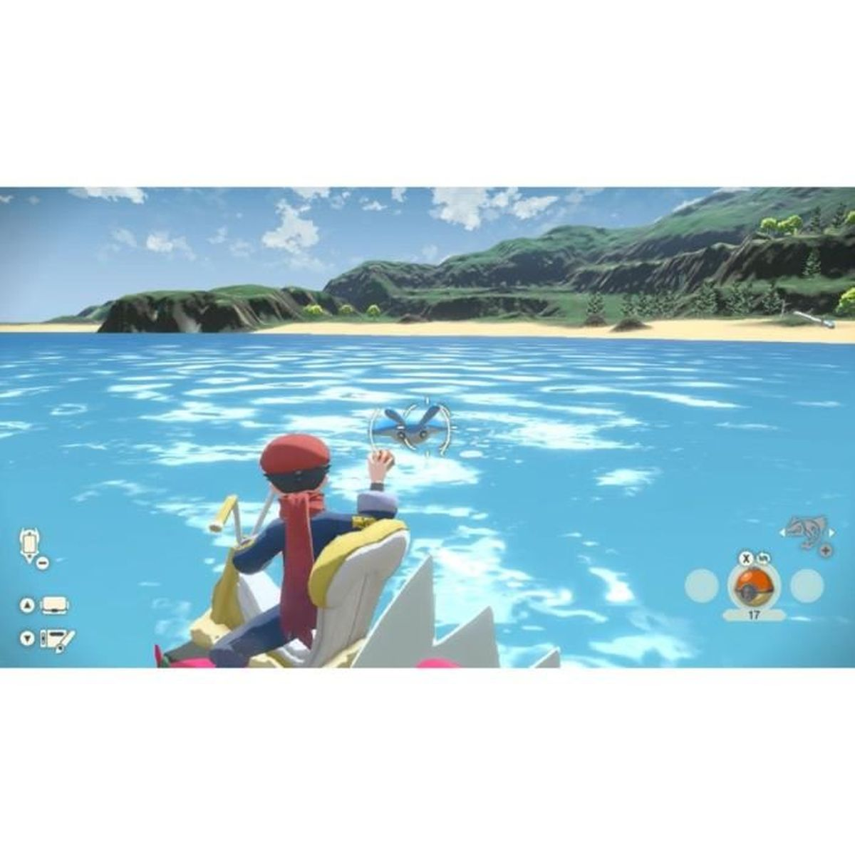 Un allenatore su una barca lancia una pokeball a un pokemon marino blu di fronte a una costa.