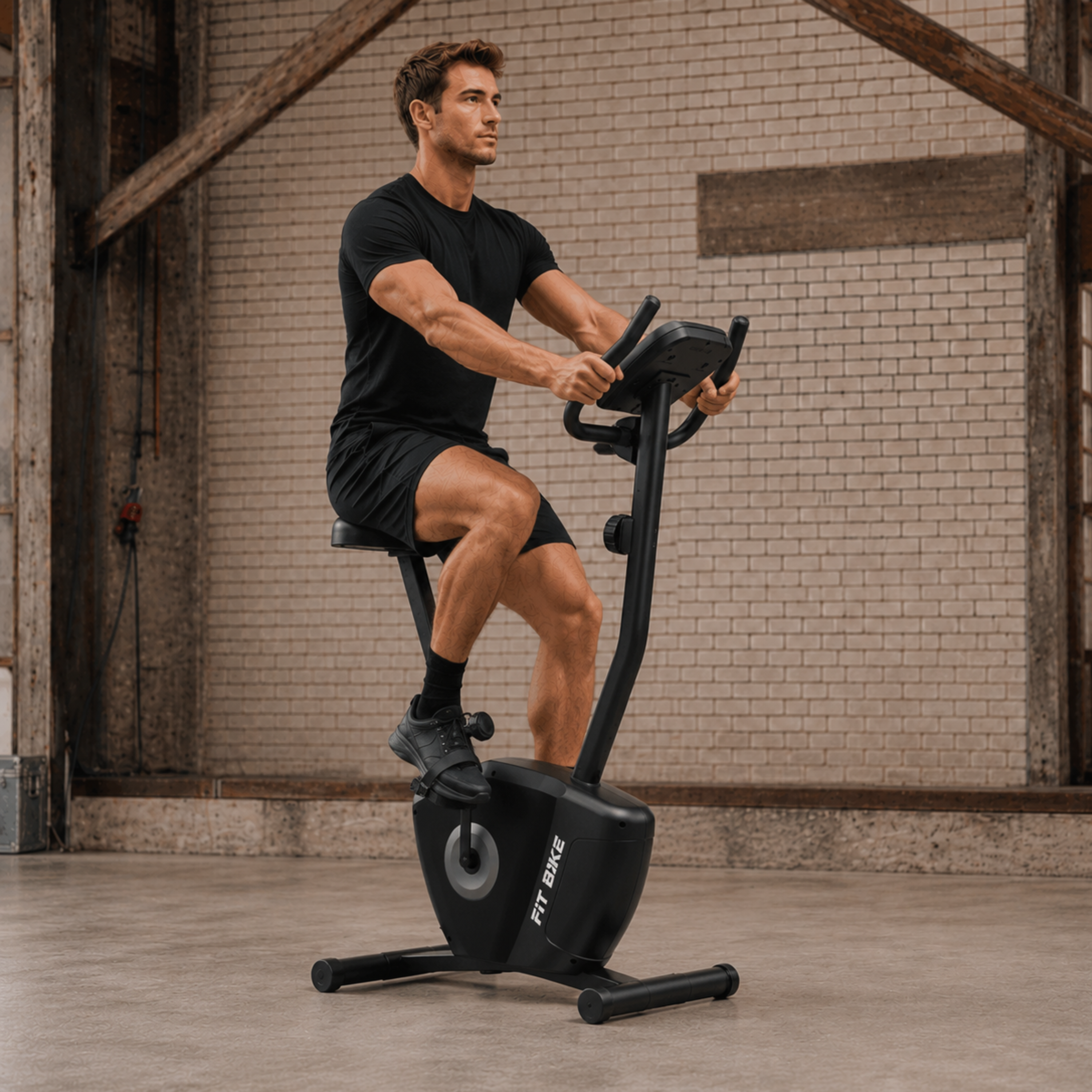 Een man in zwarte sportkleding fietst op een hometrainer voor een stenen muur.