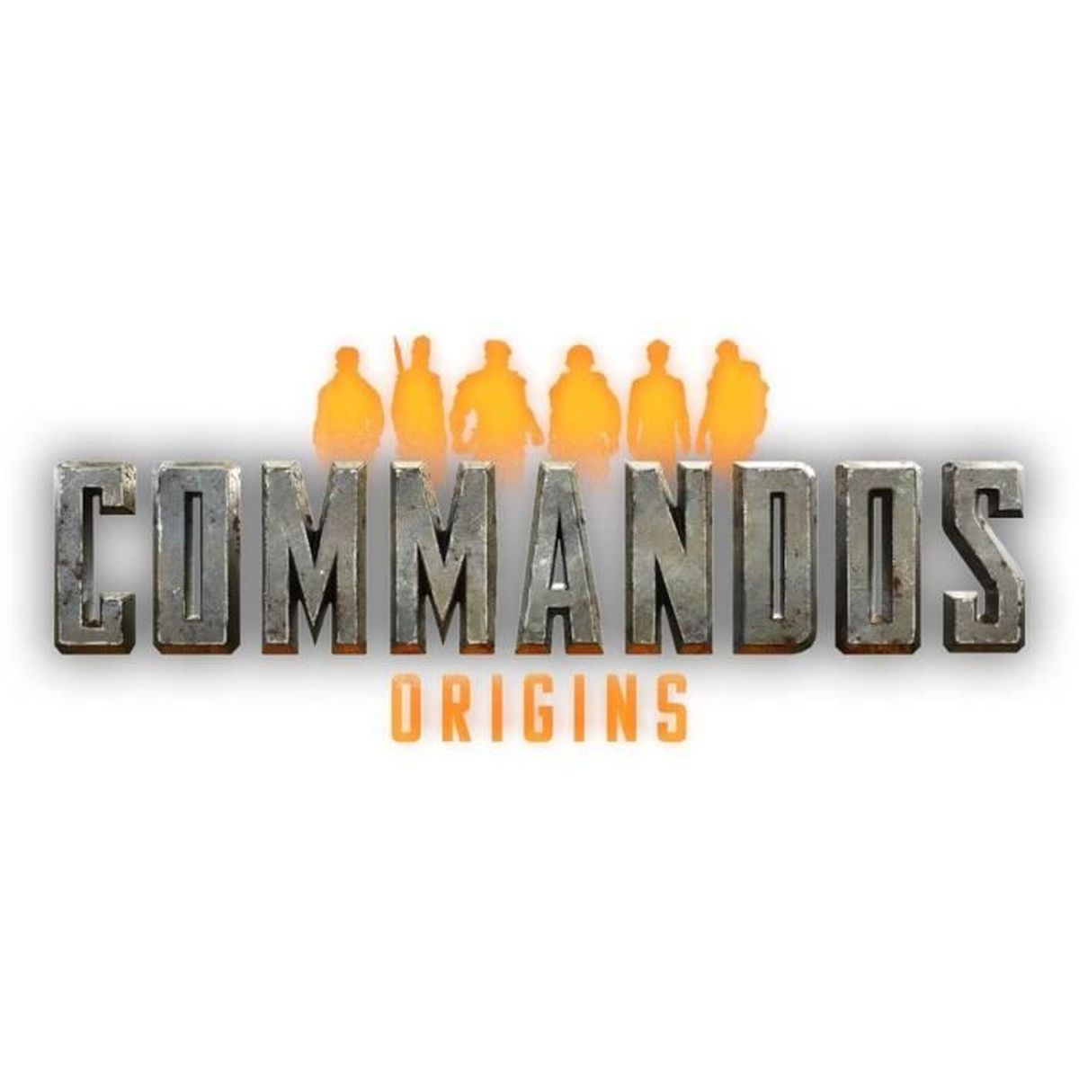 Logo di Commandos Origins con lettere metalliche e sei sagome di soldati arancioni.