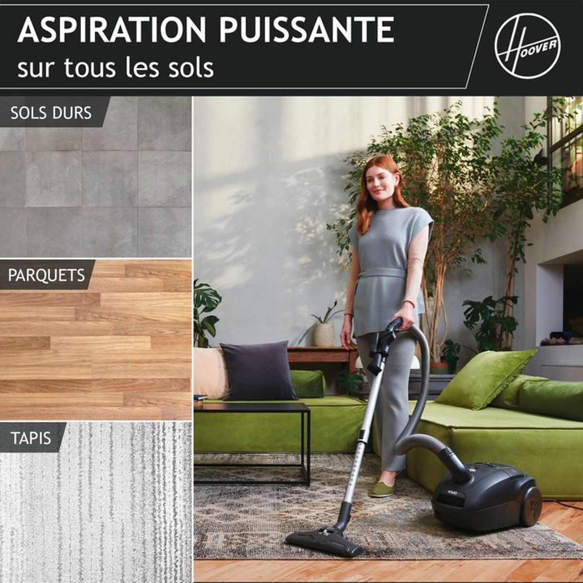 Una donna passa l'aspirapolvere su un tappeto vicino a un divano verde, con riquadri per pavimenti duri, parquet e moquette.