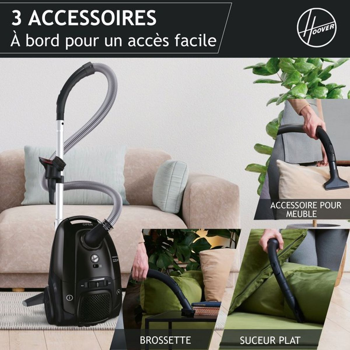 Un aspirapolvere nero con tre pratici accessori per mobili, angoli e tappezzeria in un soggiorno.