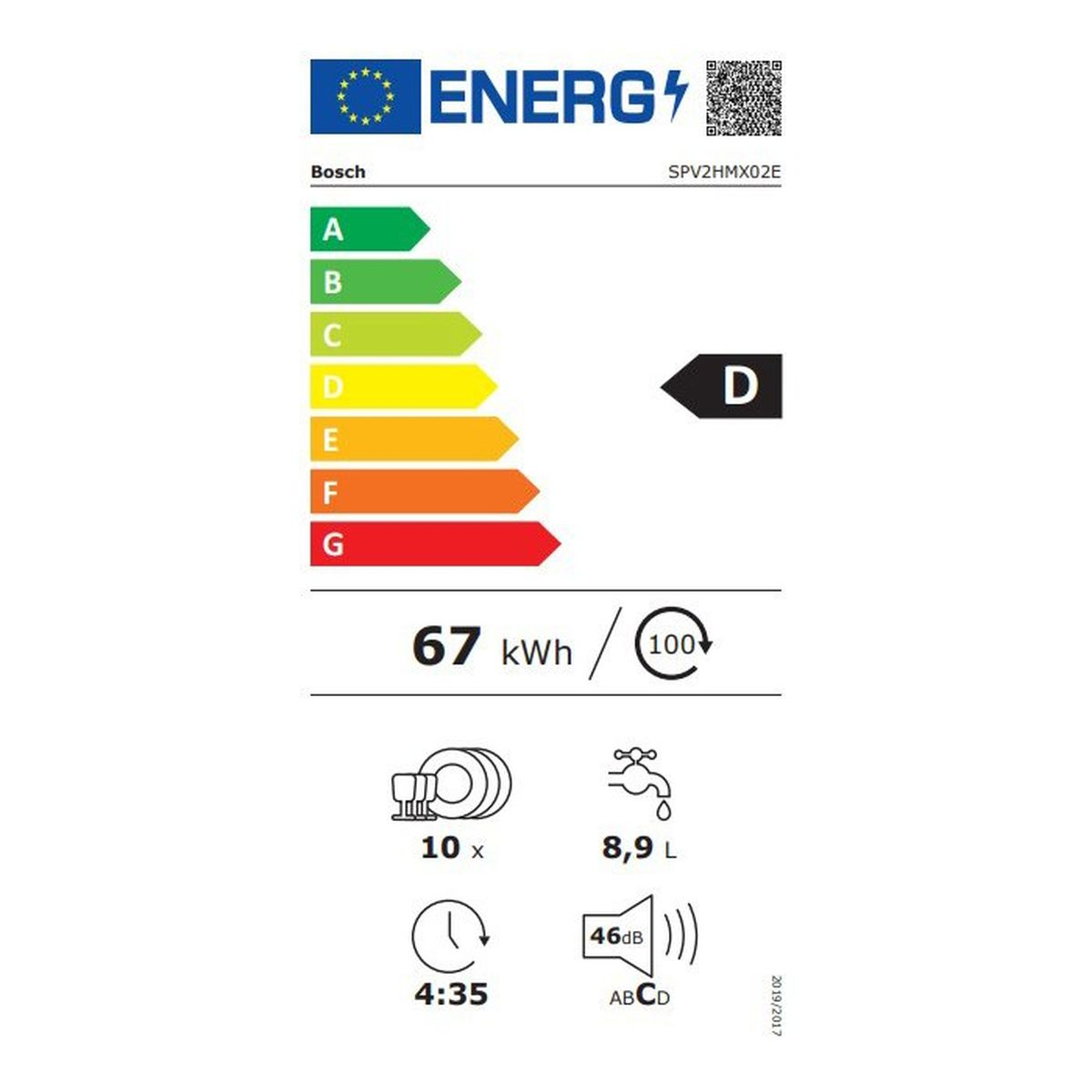 Lavastoviglie Bosch classe di efficienza energetica D, 67 kWh, 8,9 L, 46 dB.