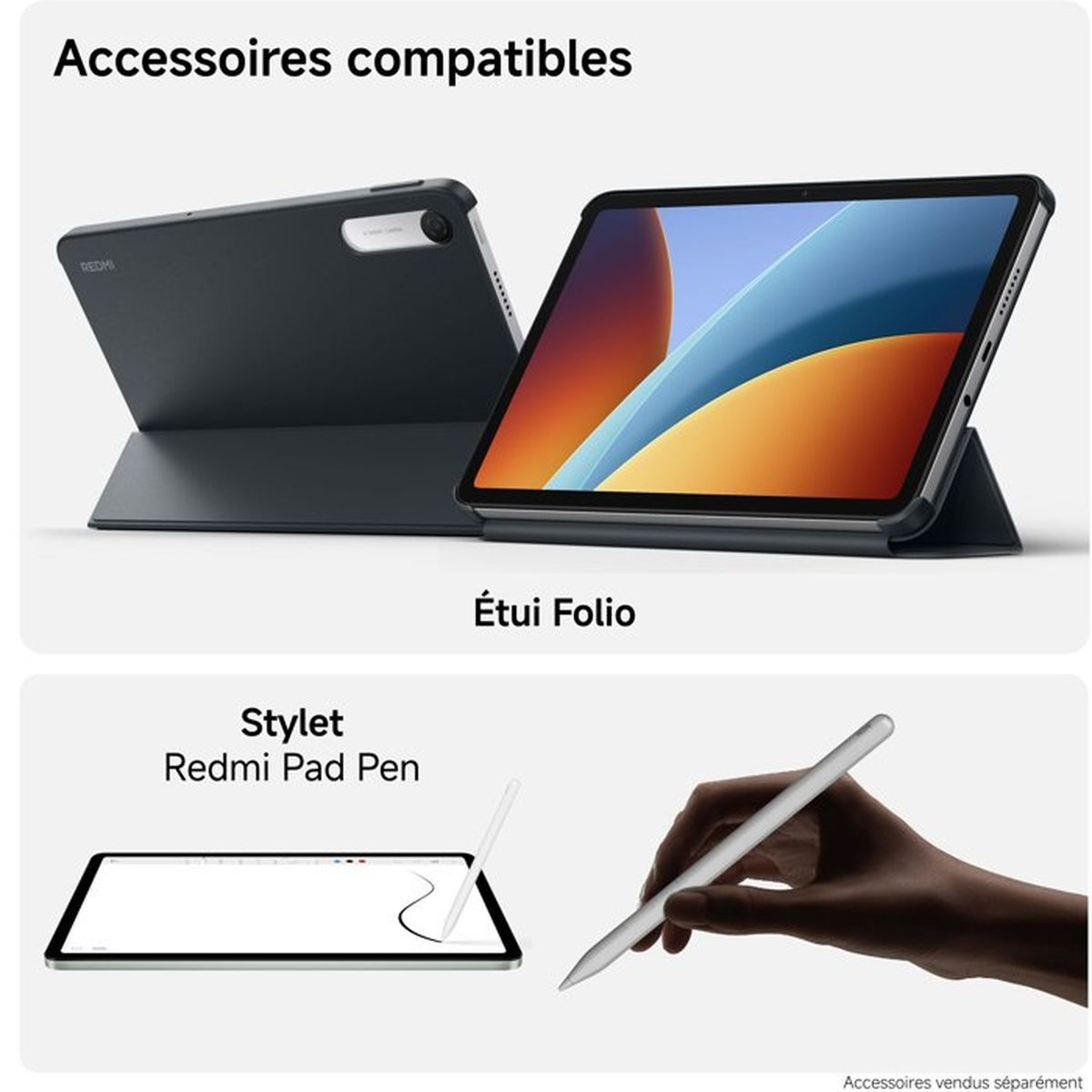 Tablet in custodia a libro e penna Redmi Pad che scrive sullo schermo.