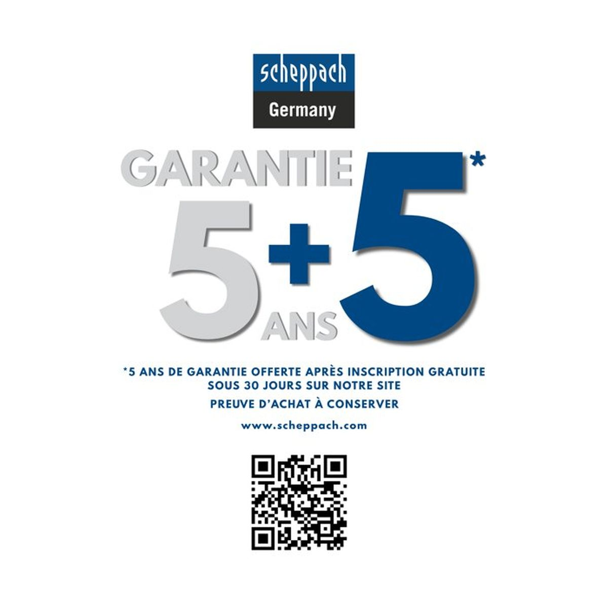 Immagine promozionale garanzia 5+5 anni Scheppach con codice QR e sito web.