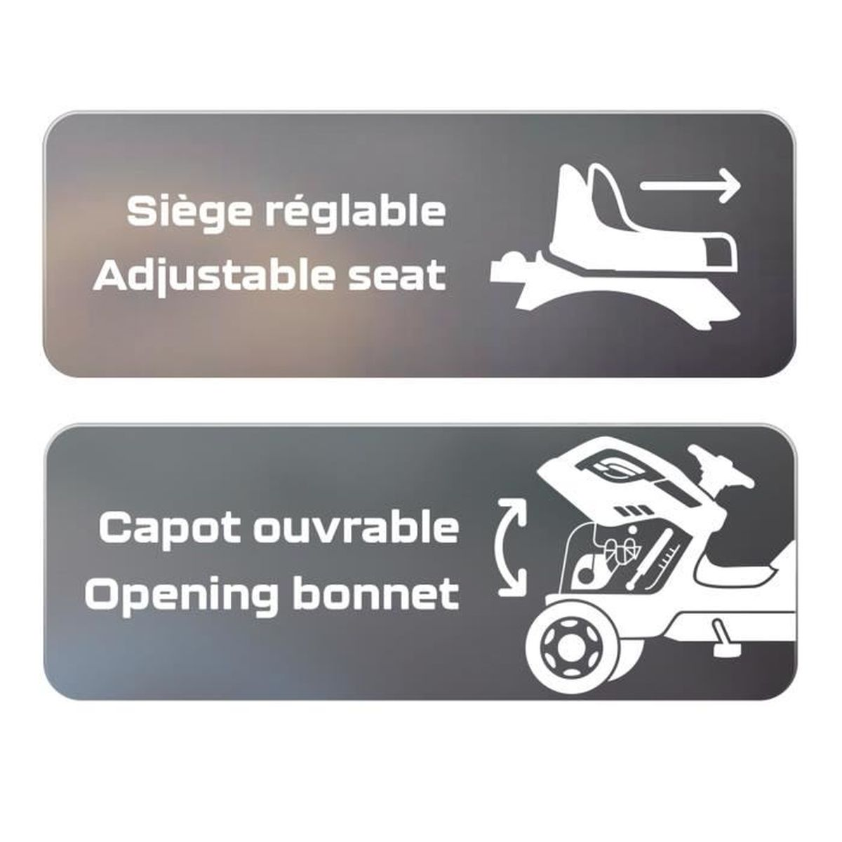 Symbole zeigen verstellbaren Sitz und öffenbare Haube in Französisch und Englisch.