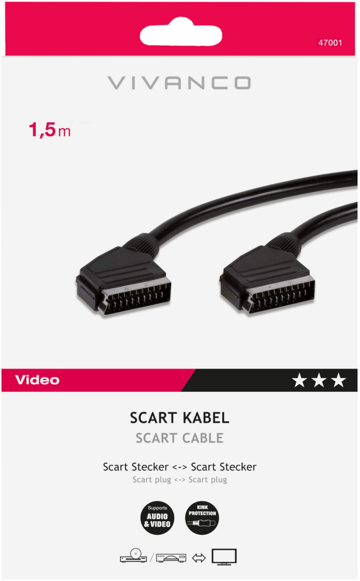 Cable SCART de Vivanco en su embalaje original con dos conectores SCART.