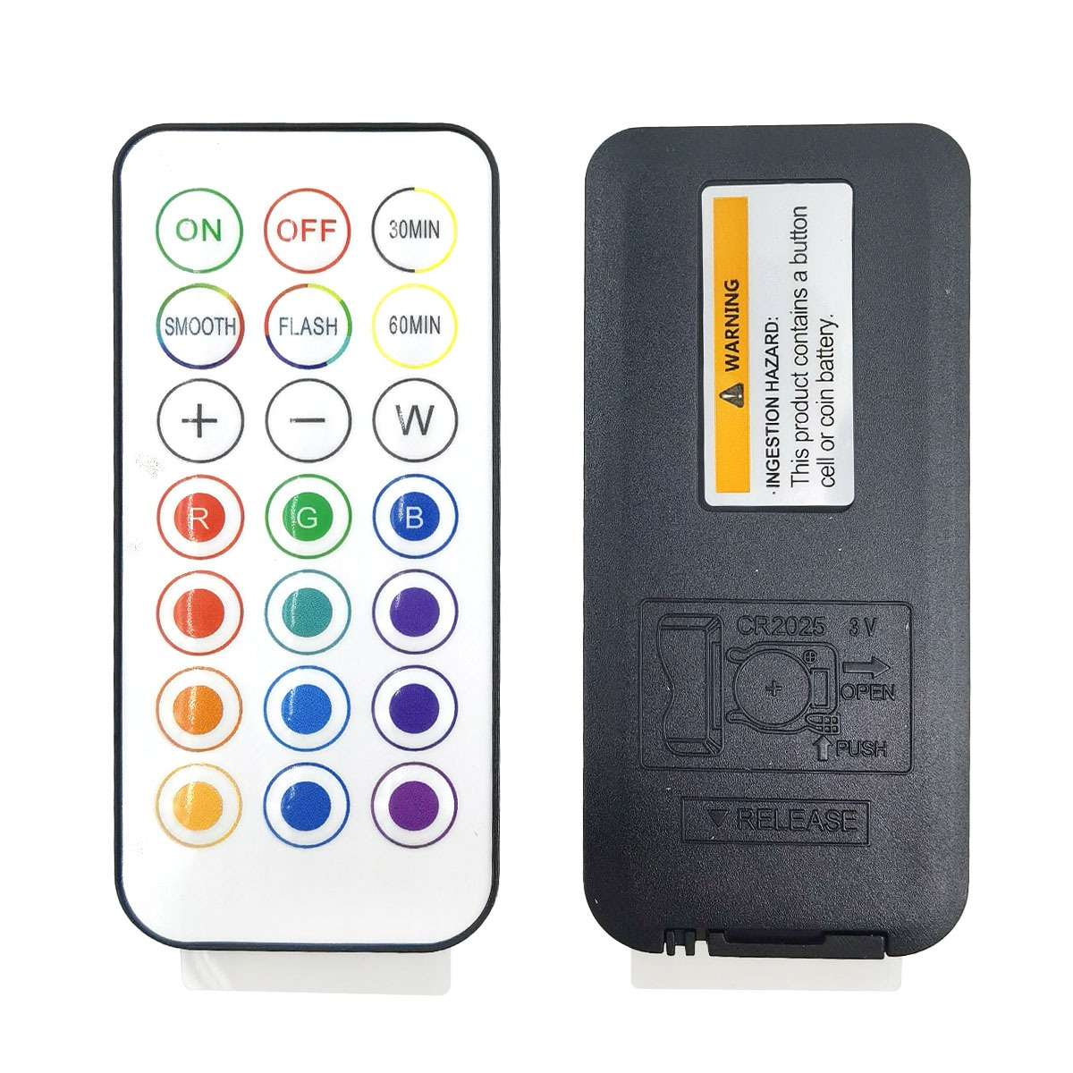 Un telecomando LED bianco con pulsanti colorati a sinistra e il coperchio della batteria nero a destra.