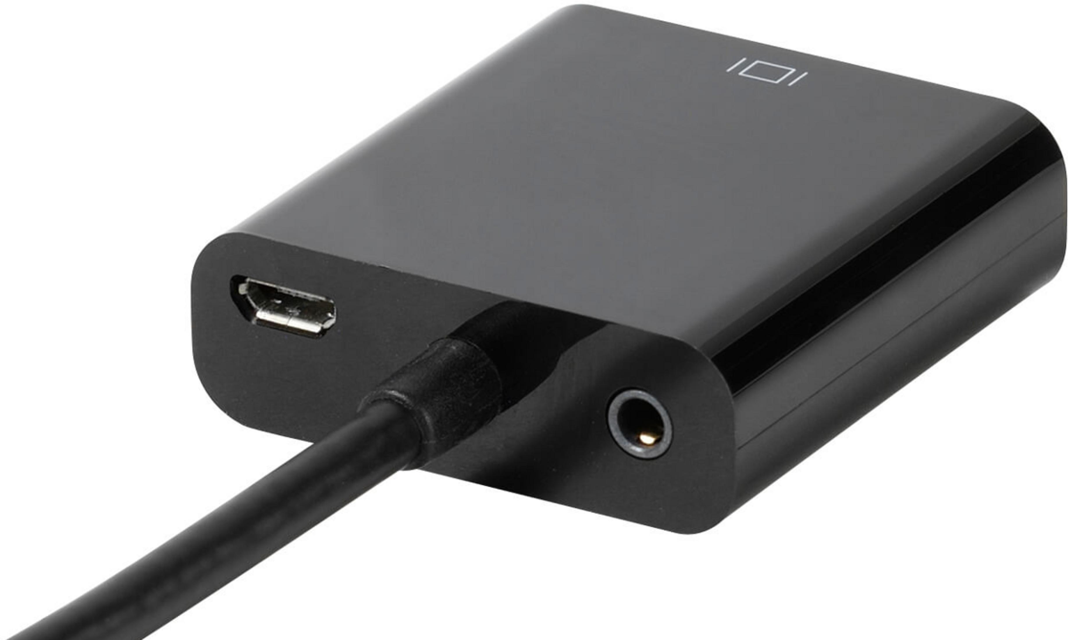 Un adaptador electrónico negro con un cable conectado sobre un fondo blanco.