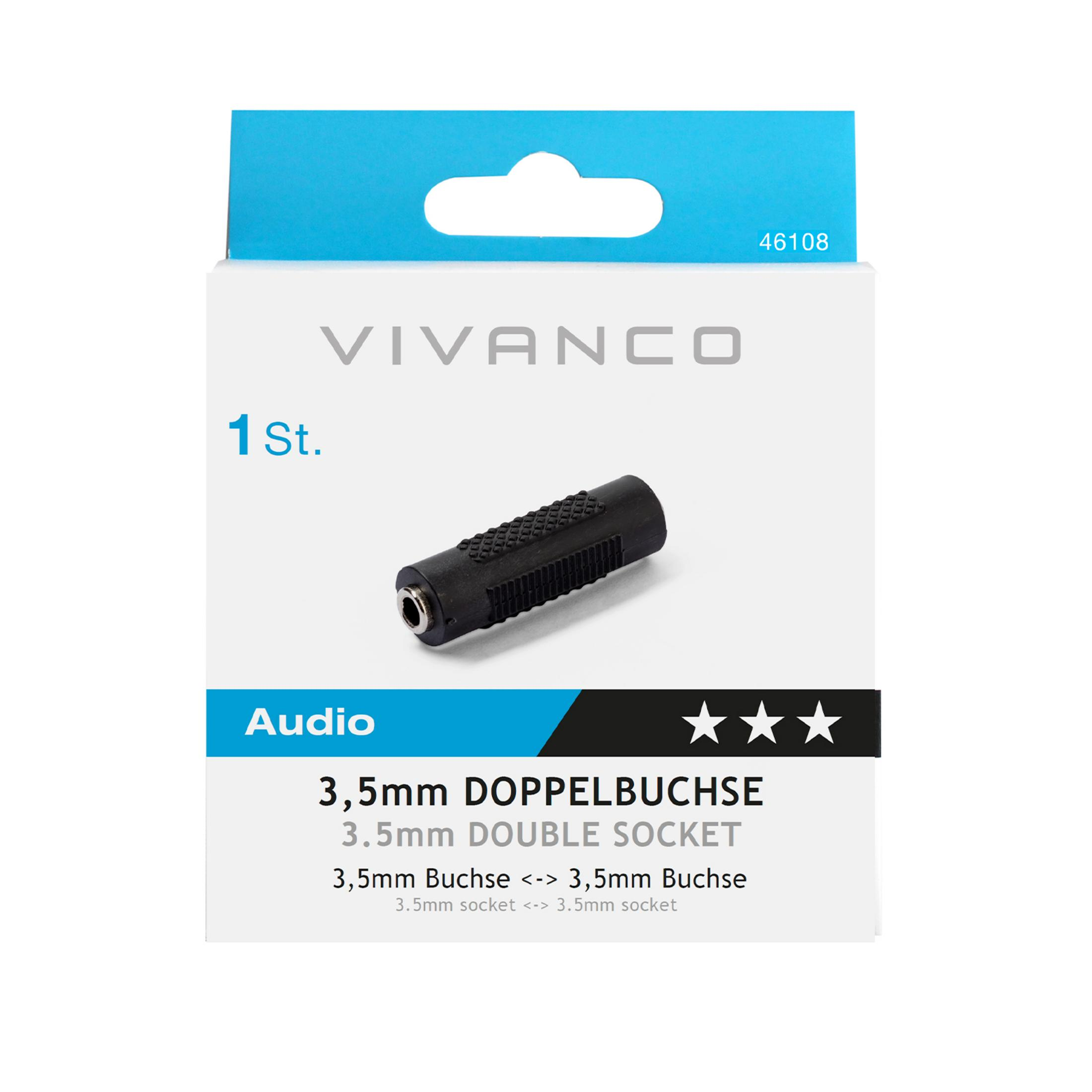 Embalaje para un conector doble Vivanco de 3.5 mm en blanco y azul con imagen.