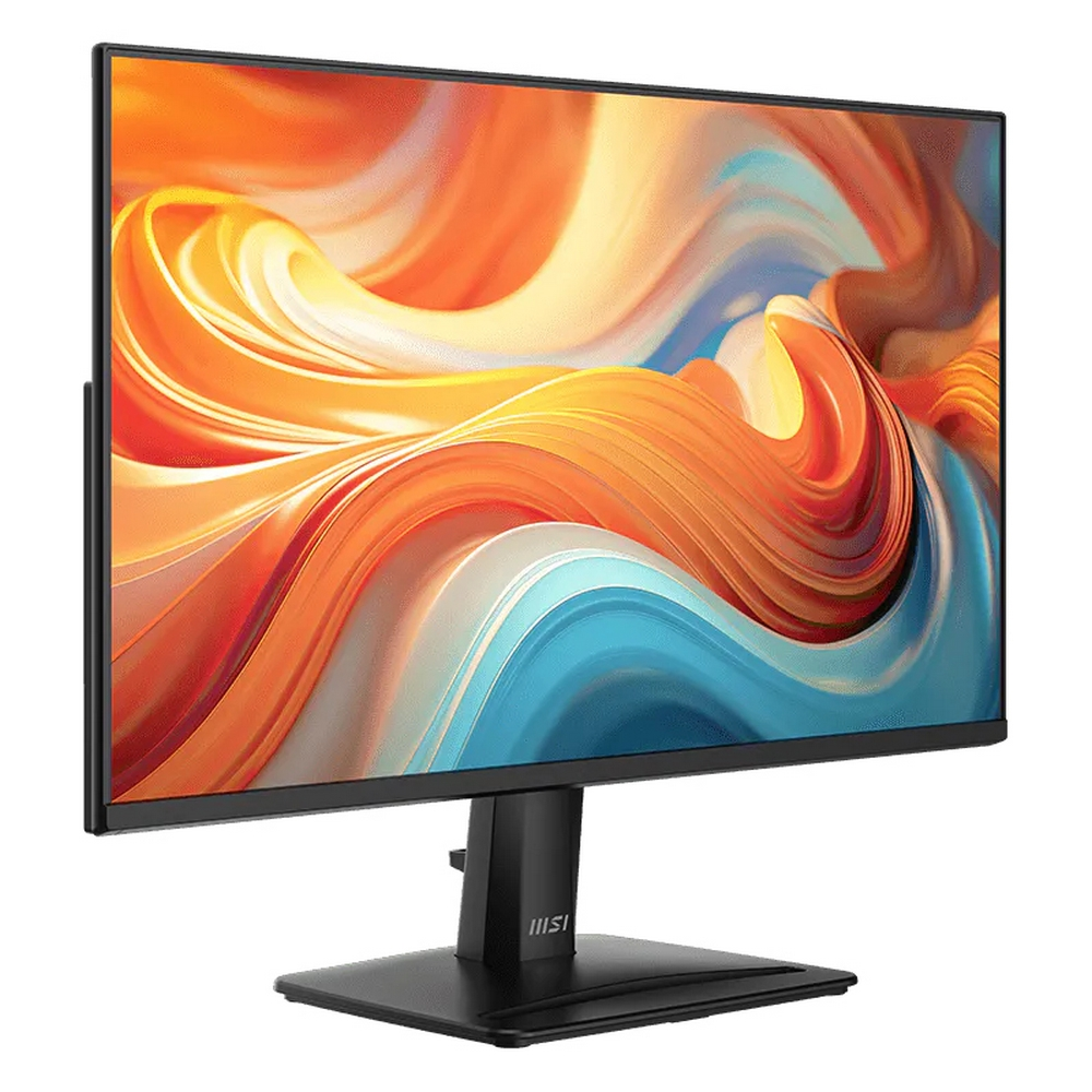 Un monitor per computer MSI nero su supporto mostra un vibrante sfondo astratto con onde arancioni e blu.