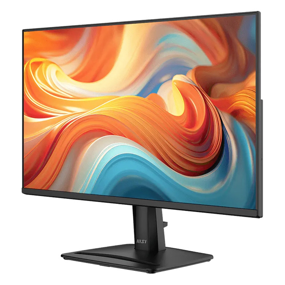 Un monitor MSI nero con bordi sottili mostra uno sfondo astratto e colorato.