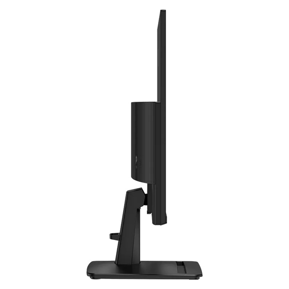 Vista laterale di un moderno monitor nero con supporto regolabile su sfondo bianco.