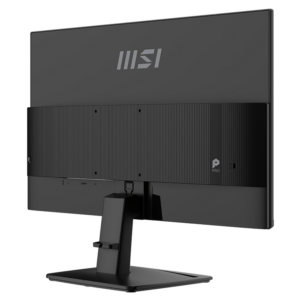 Il retro di un monitor MSI nero con supporto, logo MSI in alto ed etichetta Pro.