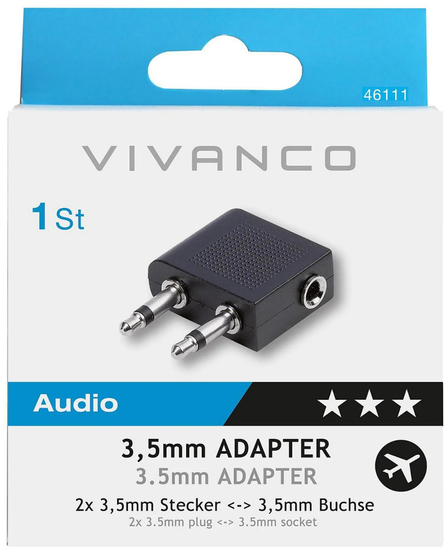 Embalaje de un adaptador de audio Vivanco de 3,5 mm para avión con dos clavijas y una toma.