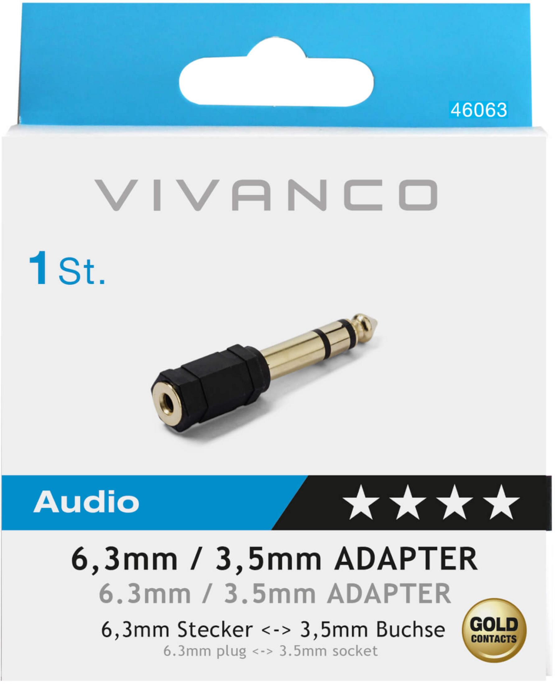 Empaque de un adaptador de audio Vivanco de 6.3mm a 3.5mm con contactos dorados.