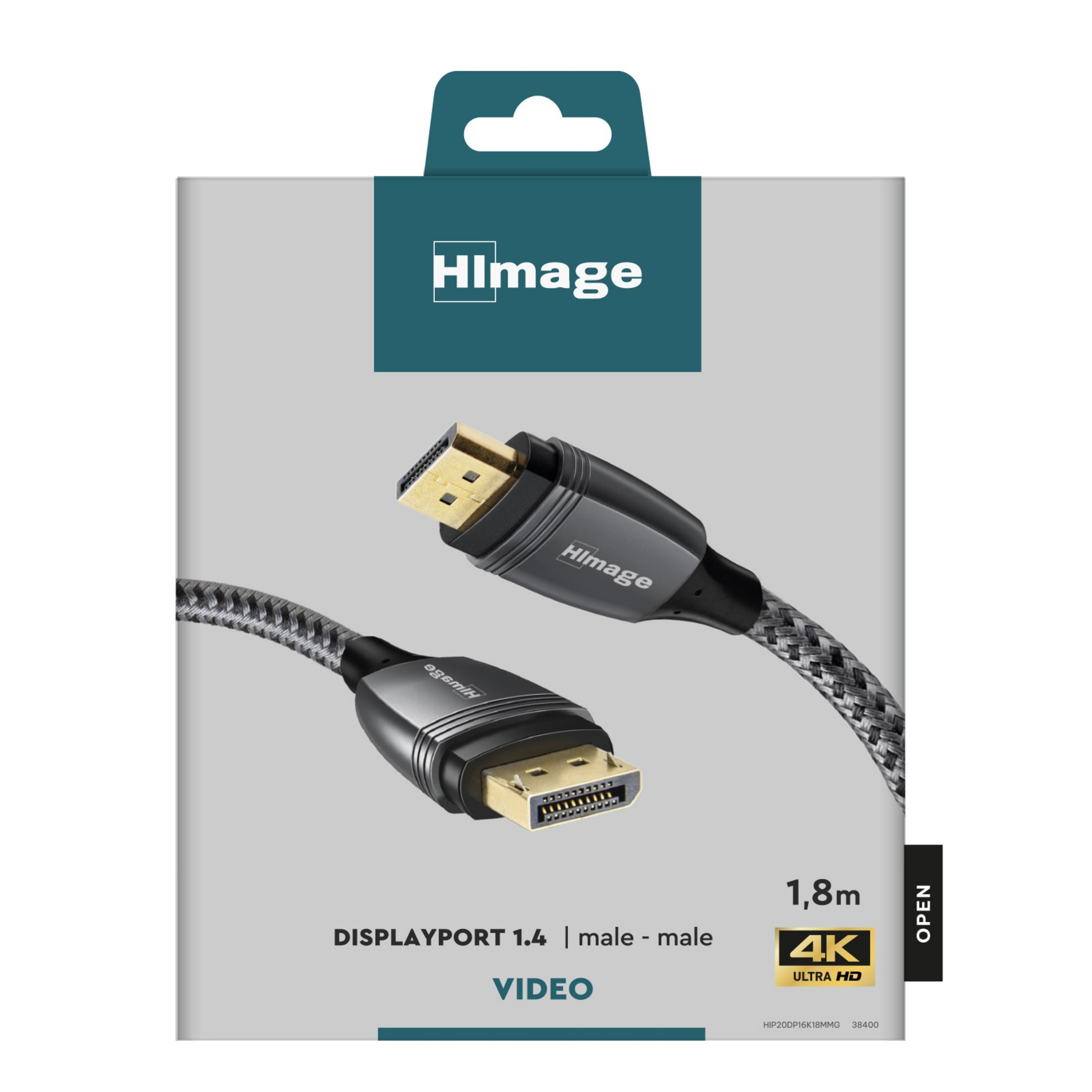 Cable de vídeo DisplayPort 1.4 en empaque con conectores dorados y funda trenzada gris.