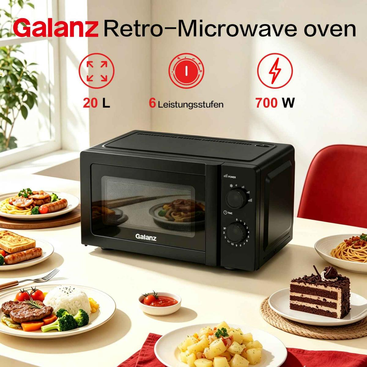 Schwarze Galanz Retro-Mikrowelle mit 20 Litern, 6 Leistungsstufen und 700 W auf einem Tisch mit Gerichten.