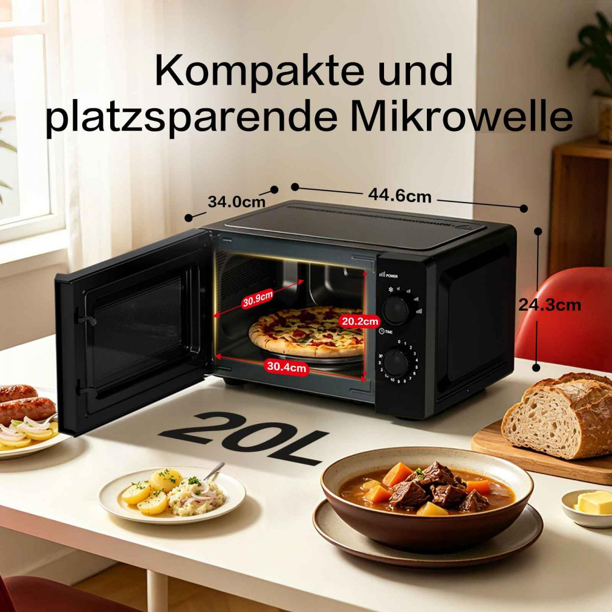 Kompakte schwarze Mikrowelle auf einem Tisch mit Lebensmitteln und Maßangaben.