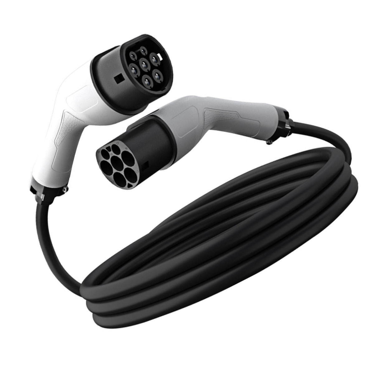 Ein schwarzes Elektrofahrzeug-Ladekabel mit weißen und grauen Anschlüssen auf weißem Hintergrund.