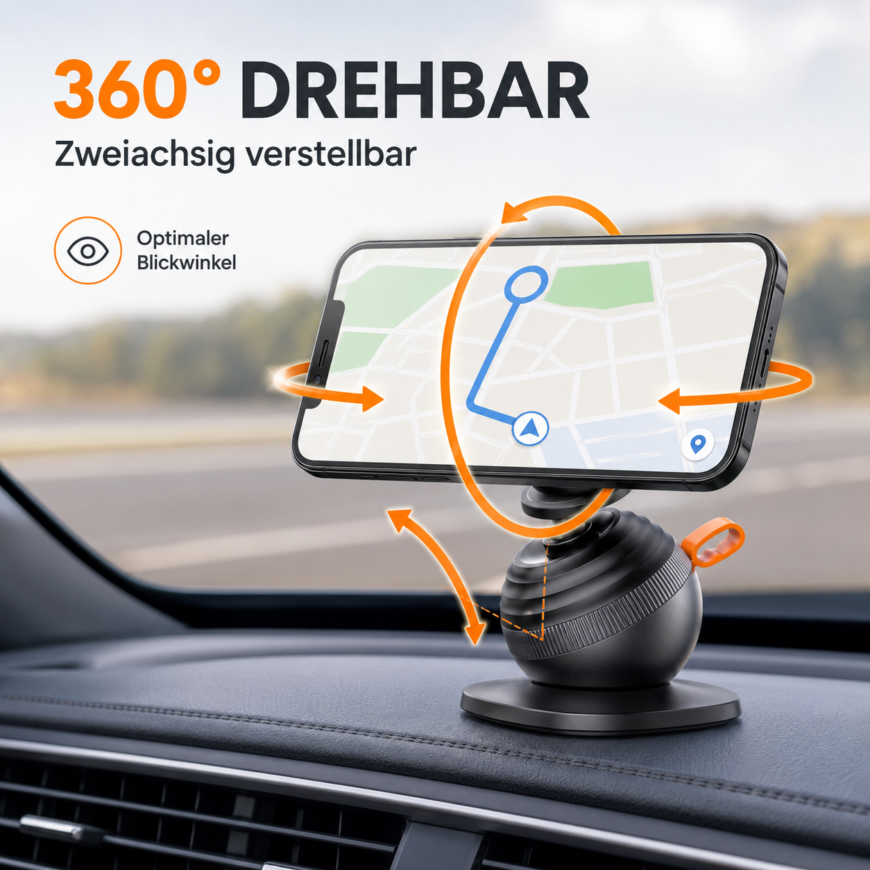 Smartphone in einer schwarzen Halterung auf einem Autocockpit, mit orangefarbenen Rotationspfeilen.