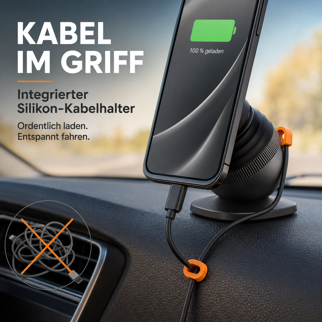 Smartphone in einer Autohalterung mit integriertem Silikon-Kabelhalter, der das Ladekabel ordentlich hält.