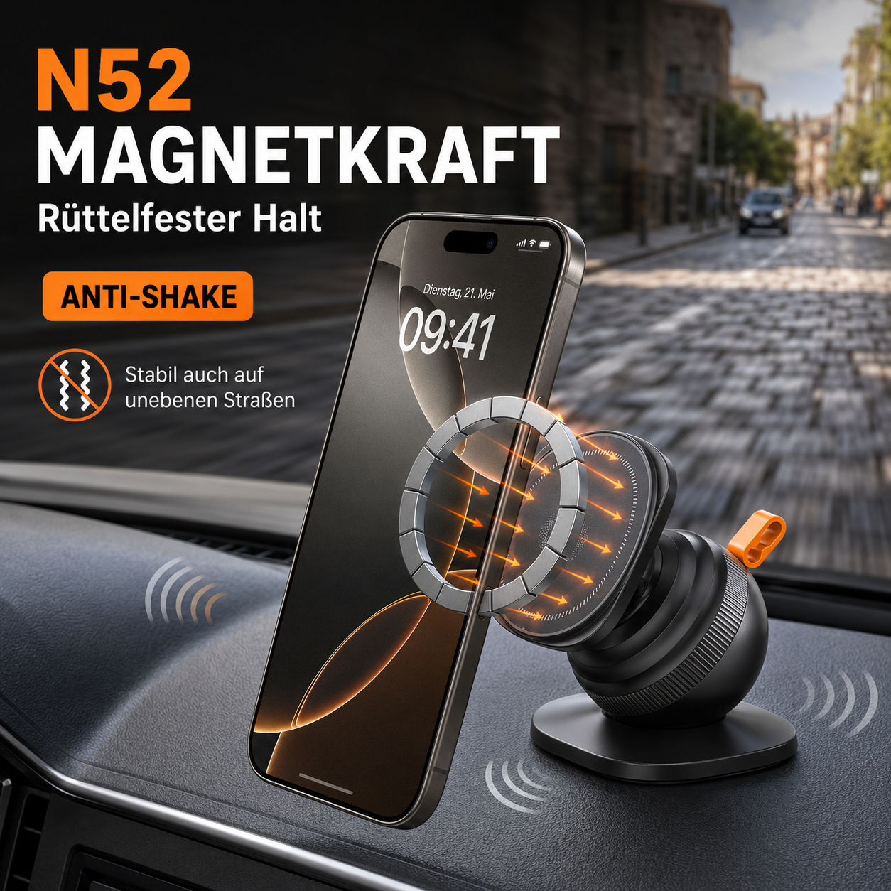 Ein Smartphone auf einem Auto-Armaturenbrett mit deutscher Werbung für starken magnetischen Halt.