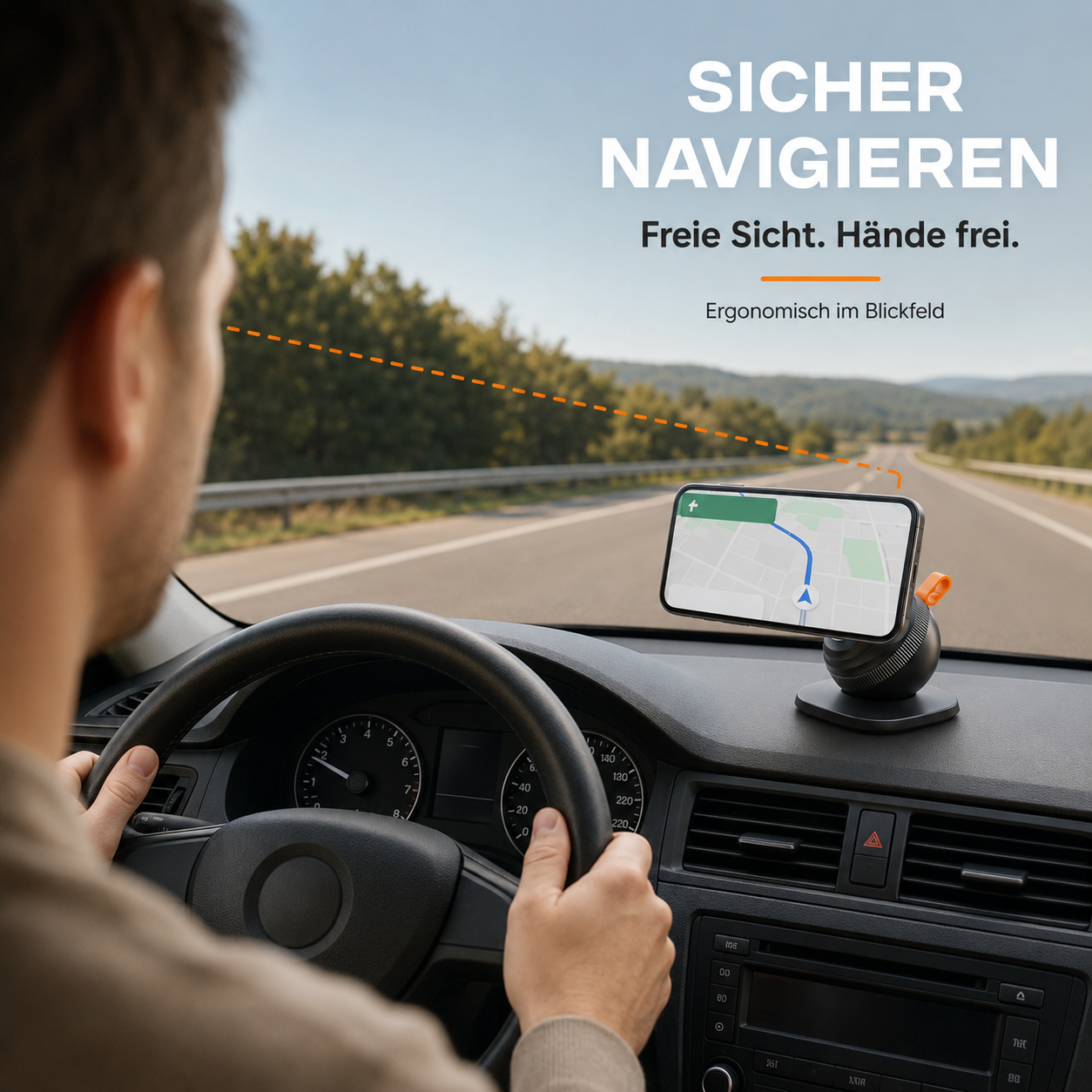 Ein Fahrer hält das Lenkrad, während ein Smartphone als Navi auf dem Armaturenbrett montiert ist.
