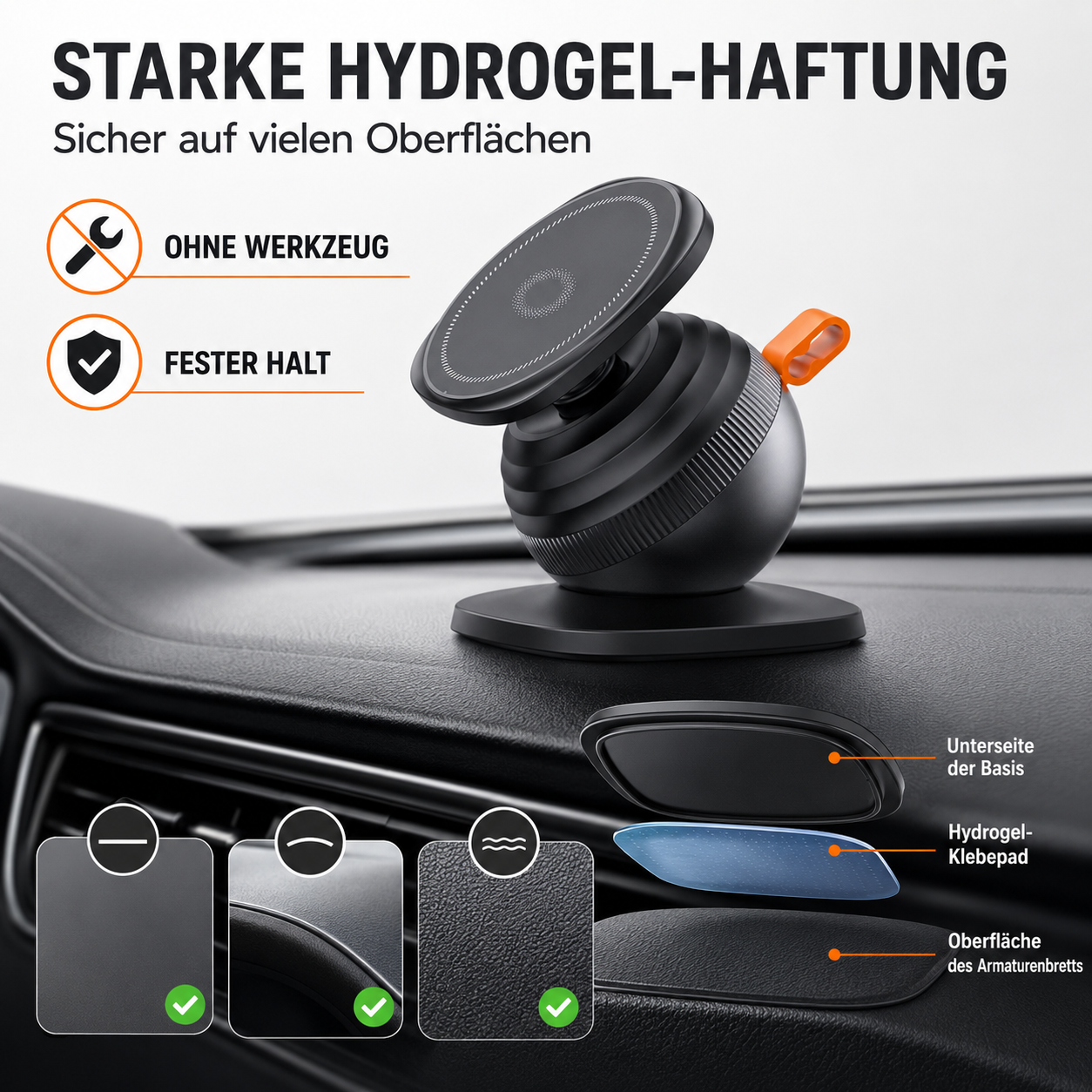 Schwarze Magnethandyhalterung mit Hydrogel-Klepad auf einem Autoarmaturenbrett.