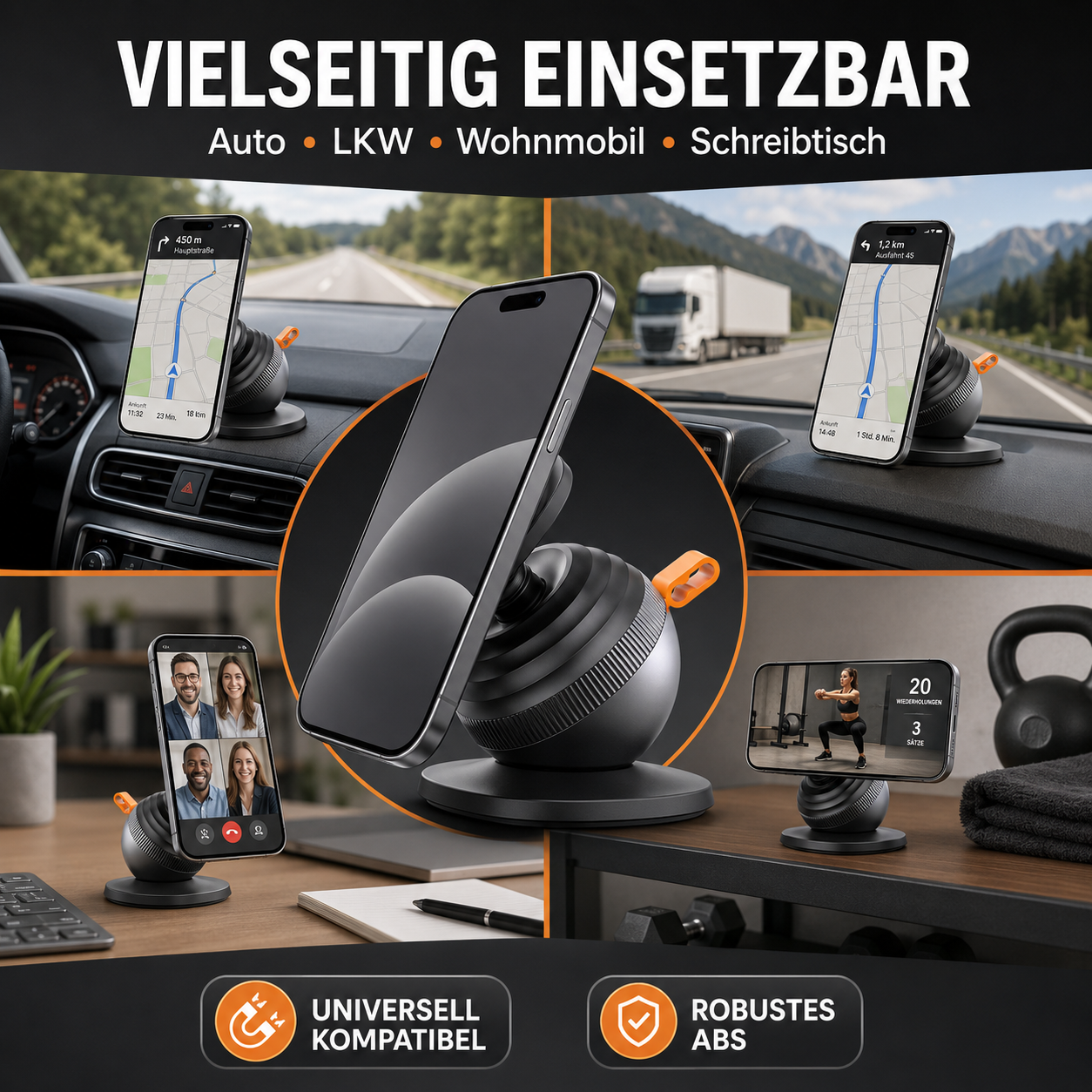 Eine magnetische Smartphone-Halterung, die in Autos, Lastwagen, Wohnmobilen und auf Schreibtischen eingesetzt wird.
