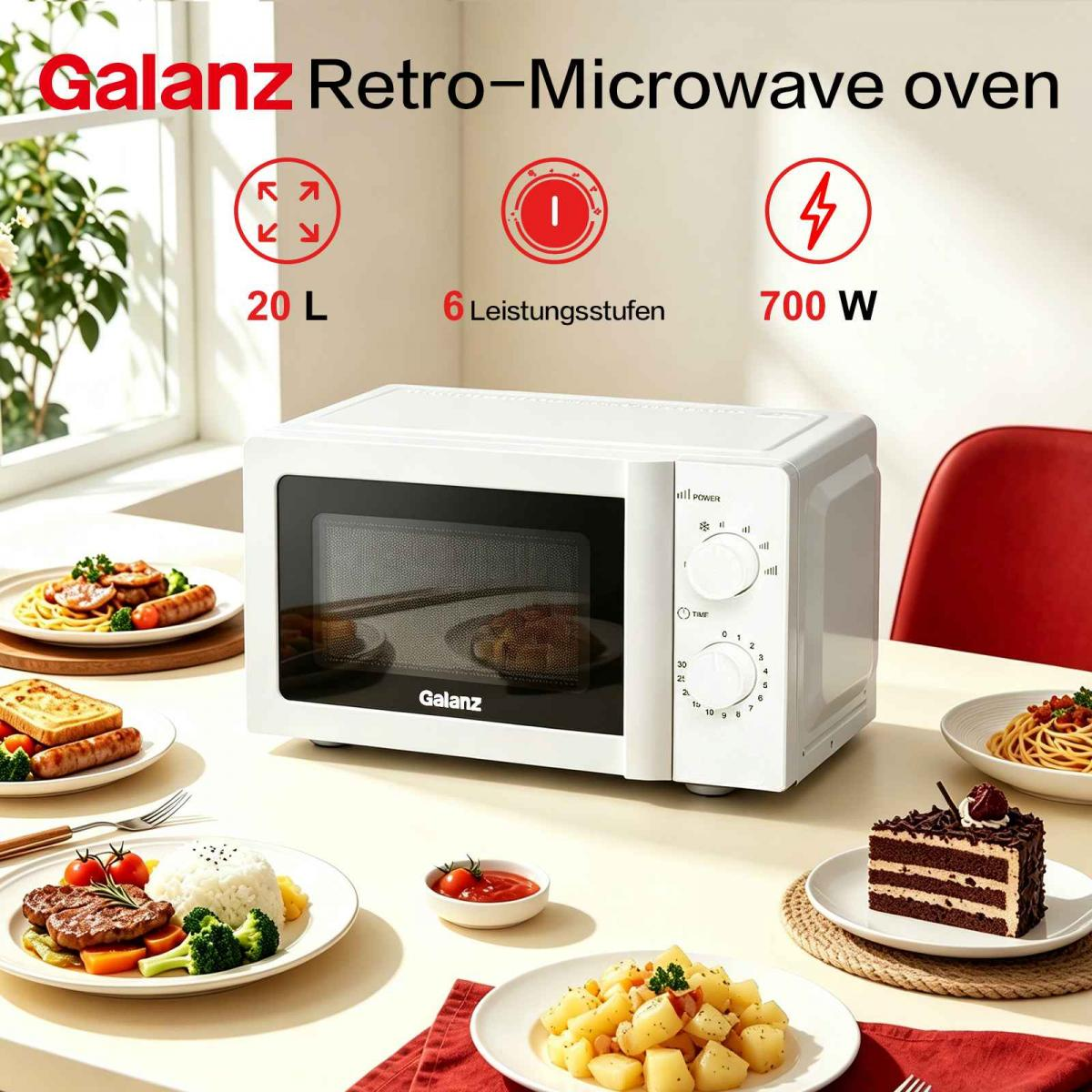 Weiße Galanz Retro-Mikrowelle mit 20L und 700W auf einem Tisch mit verschiedenen Gerichten.
