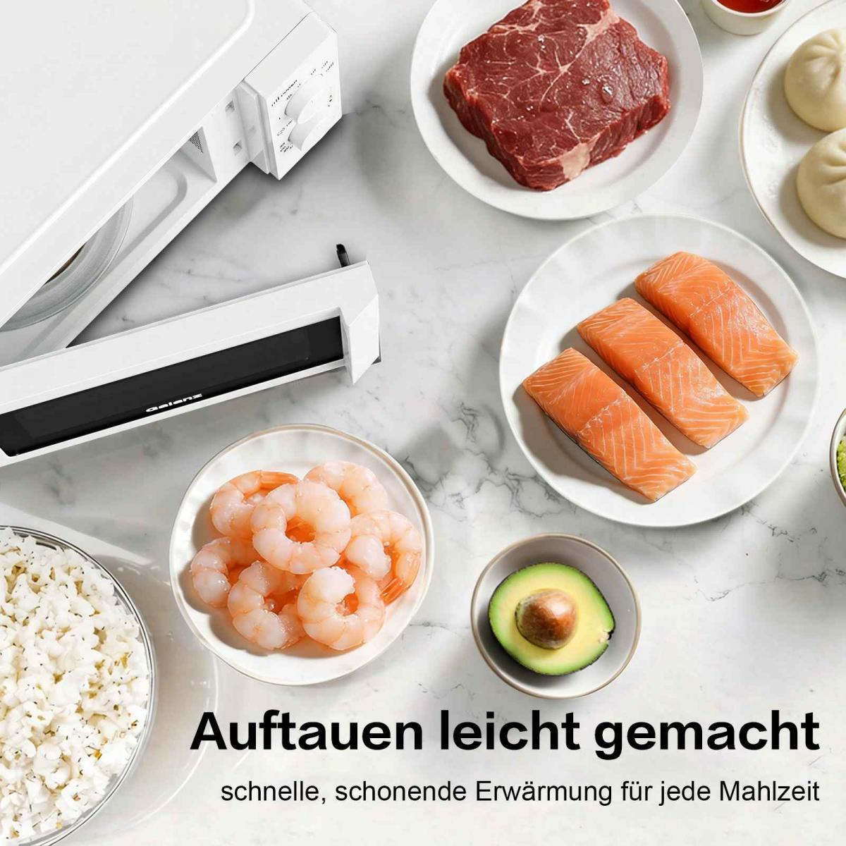 Aufgetaute Lebensmittel wie Fleisch, Lachs und Garnelen liegen auf einem Tisch neben einem Gerät mit Text.