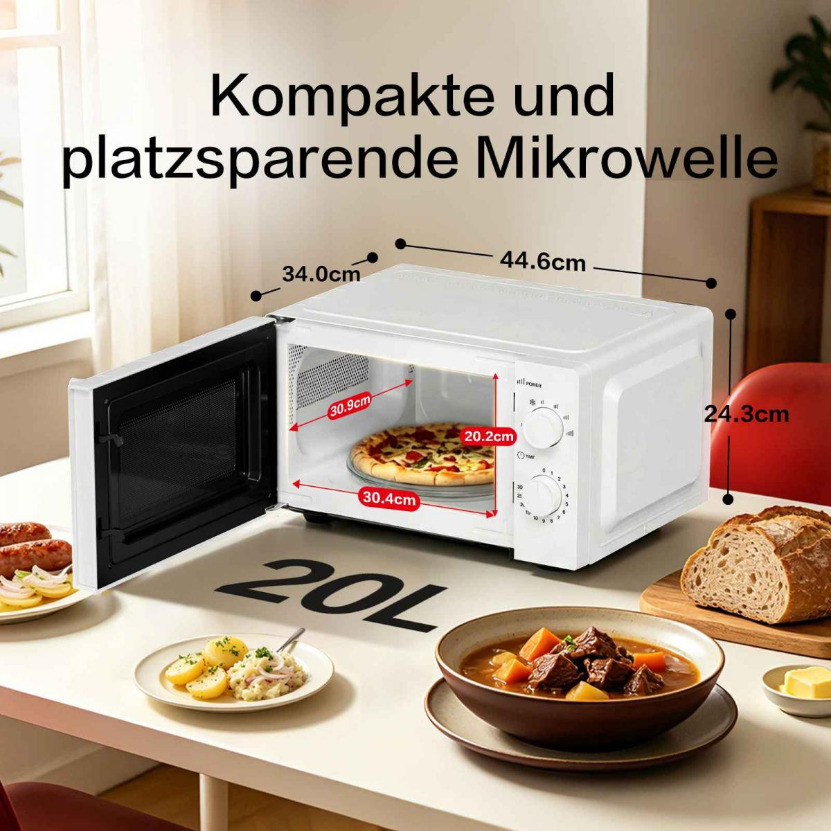 Kompakte weiße Mikrowelle mit offenen Türen, Maßen und Speisen auf einem Tisch.