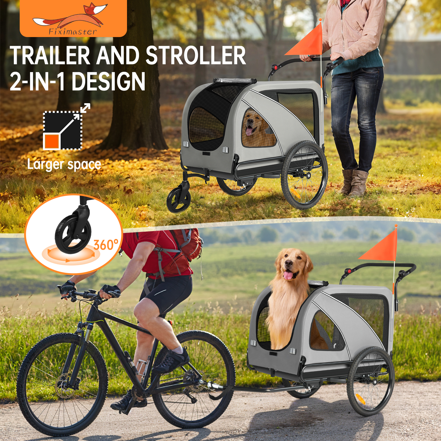 Rimorchio e passeggino 2 in 1 per cani con un cane, utilizzabile a spinta o bici.
