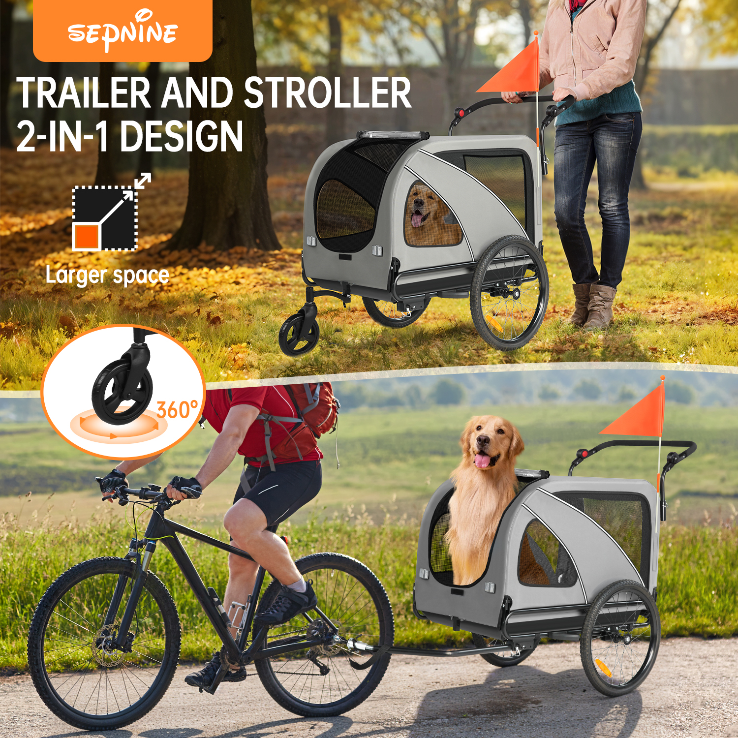 Un rimorchio e passeggino per cani grigio 2 in 1 con un cane, spinto e attaccato a una bicicletta.