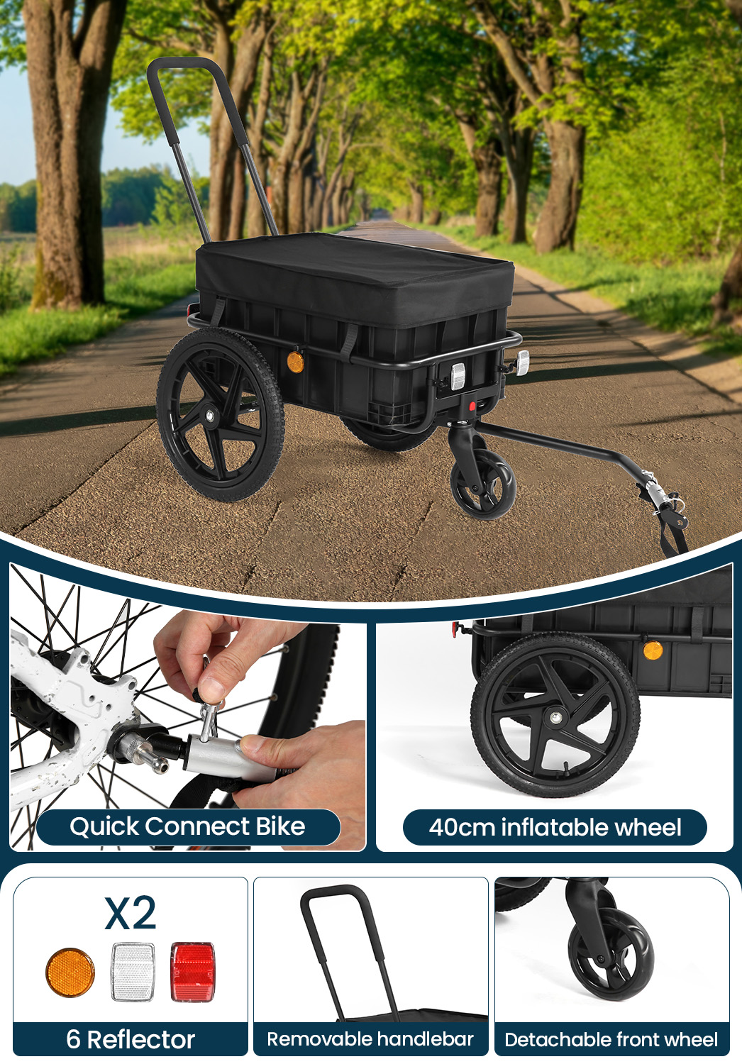 Un rimorchio per bici nero con attacco rapido, ruote gonfiabili, catadiottri e manubrio rimovibile.