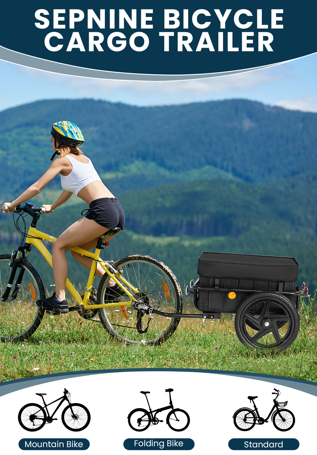Una donna guida una mountain bike gialla trainando un rimorchio di carico nero.