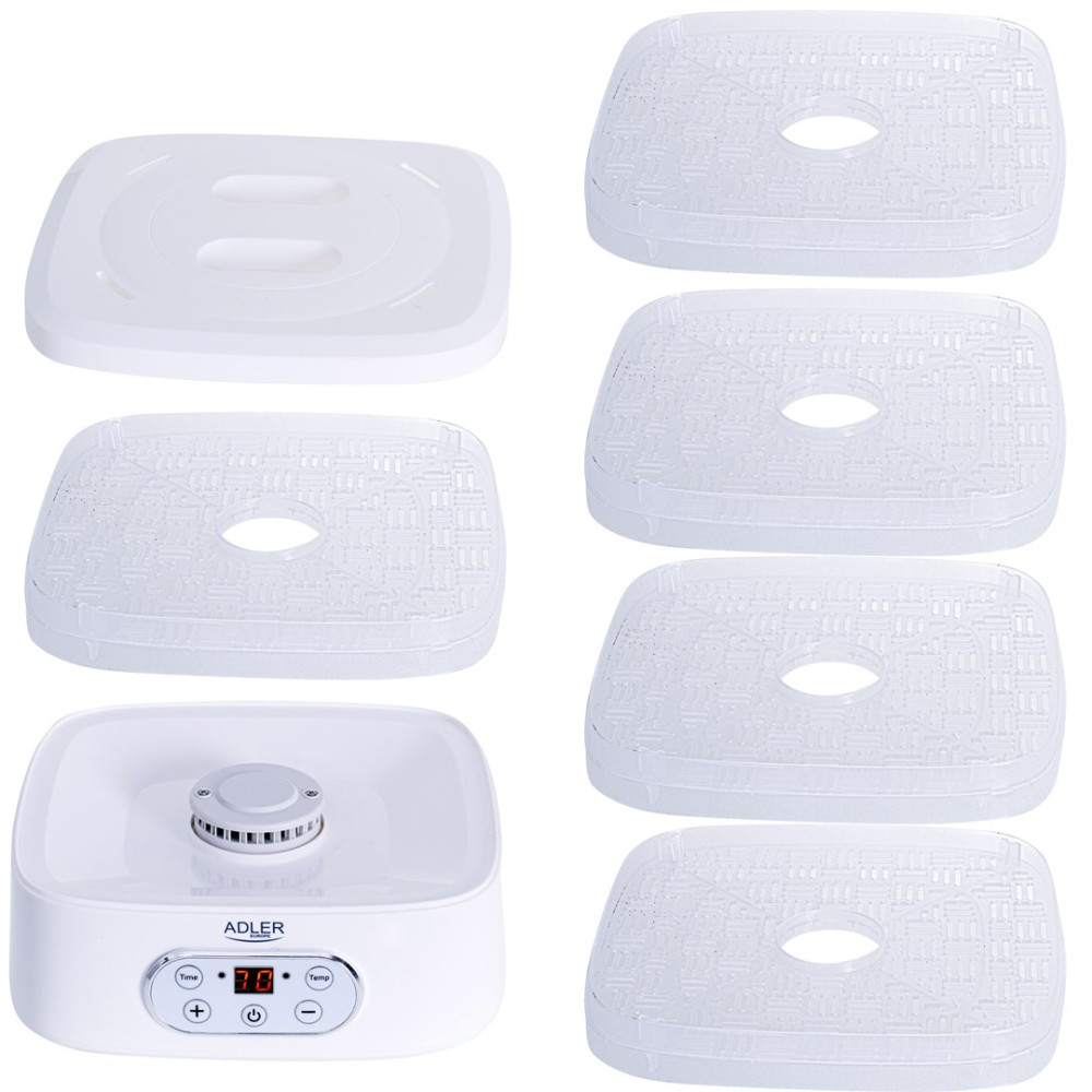 Essiccatore per alimenti bianco con quattro vassoi trasparenti e display digitale.