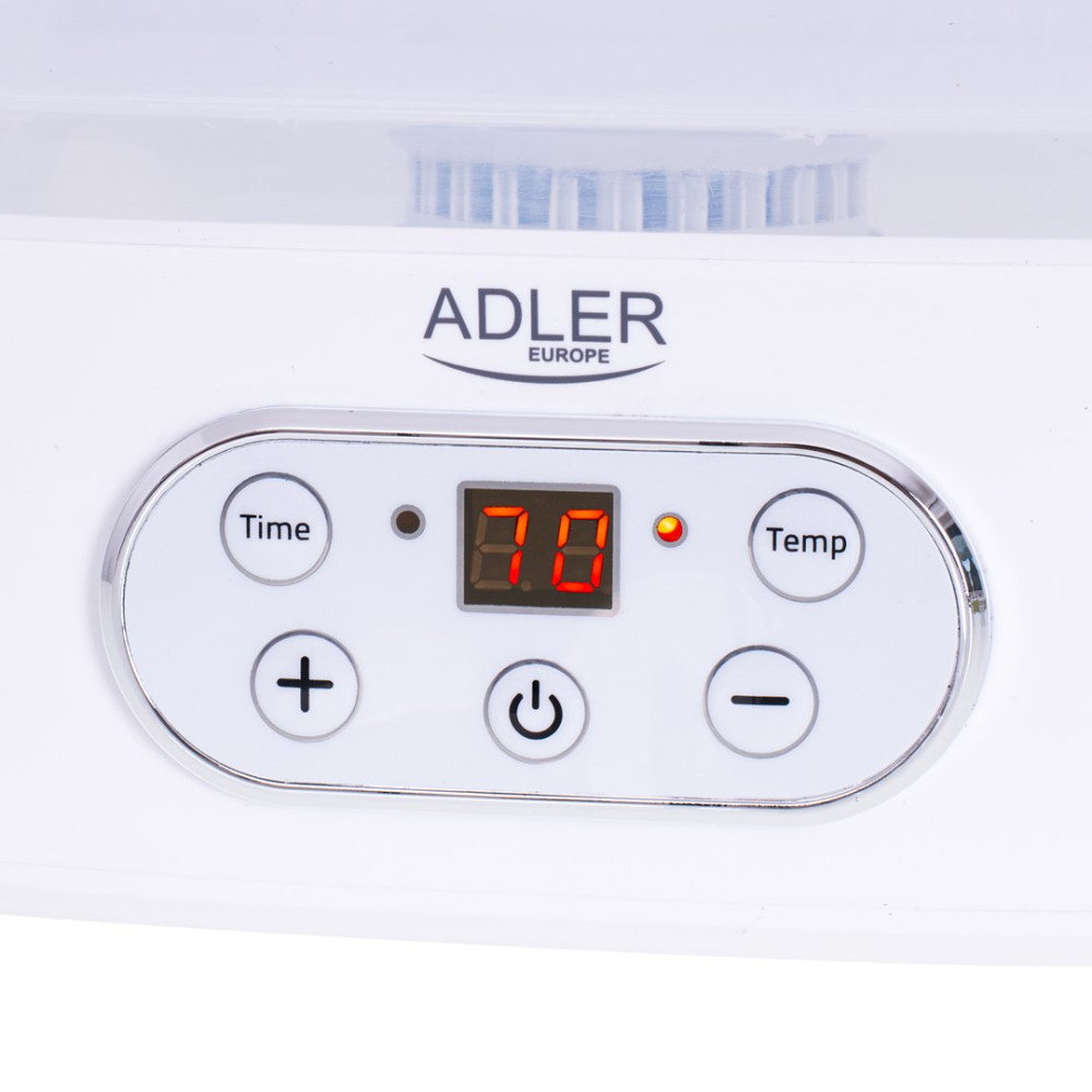 Pannello di controllo bianco Adler Europe con display digitale, tasti tempo e temp, e interruttore.