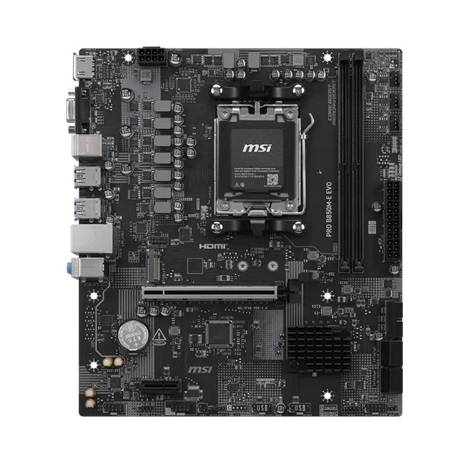İşlemci soketi, RAM yuvaları, PCIe yuvası ve çeşitli bağlantı noktaları olan siyah MSI anakart.
