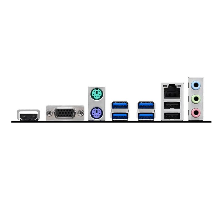 HDMI, VGA, PS/2, USB, Ethernet ve ses bağlantı noktalarını gösteren anakart arka paneli.