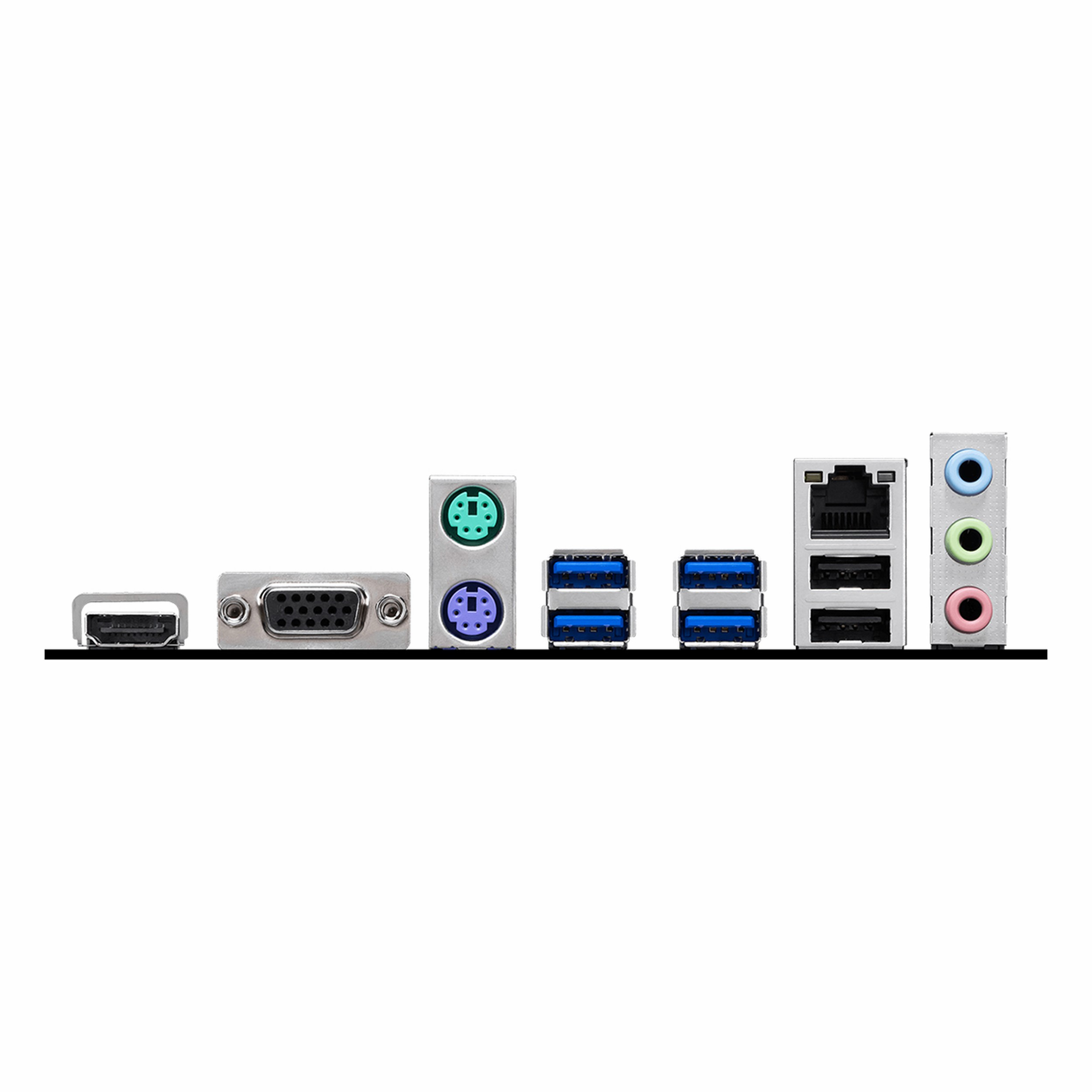 HDMI, VGA, PS/2, USB 3.0, Ethernet ve ses bağlantı noktalarına sahip anakart I/O paneli.