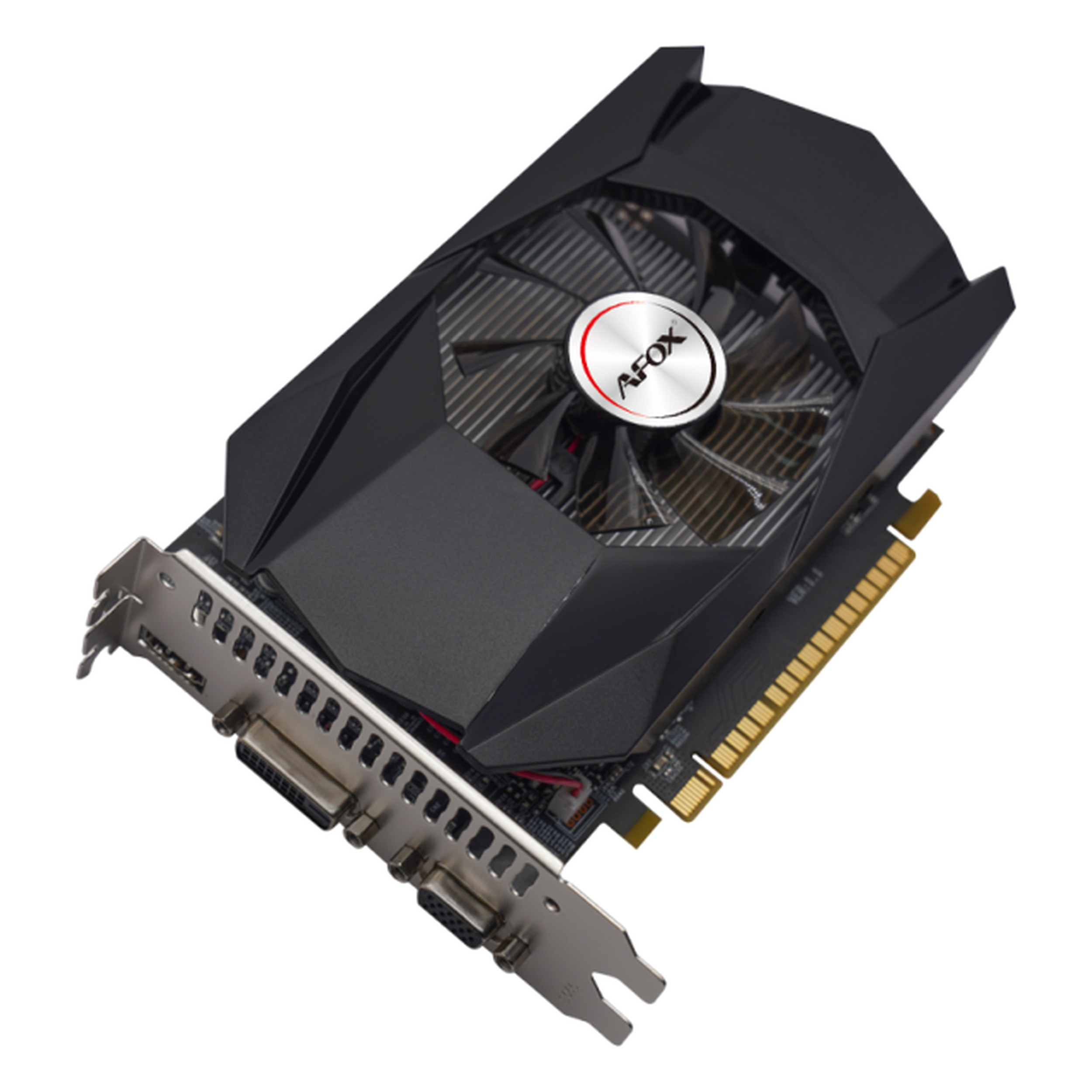Beyaz arka planda tek orta fanlı, gümüş I/O braketli ve PCIe konnektörlü siyah AFOX grafik kartı.