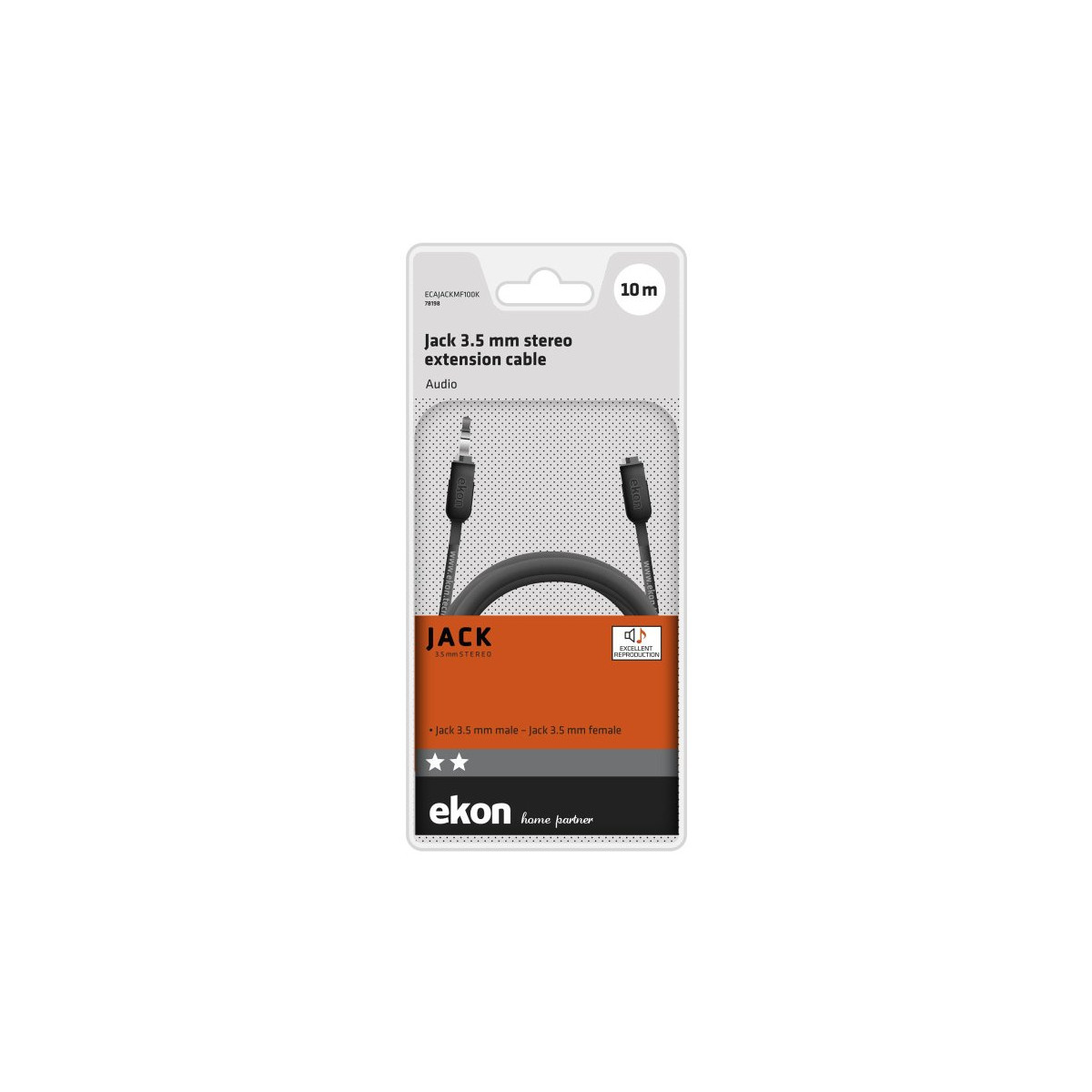 Cable de extensión estéreo Jack de 3.5 mm y 10 m de Ekon en gris y naranja.