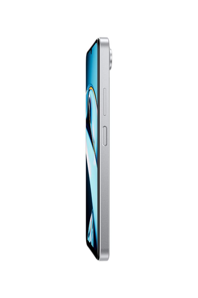 Ekranı ve fiziksel tuşları görünen gümüş renkli akıllı telefonun yan görünümü.