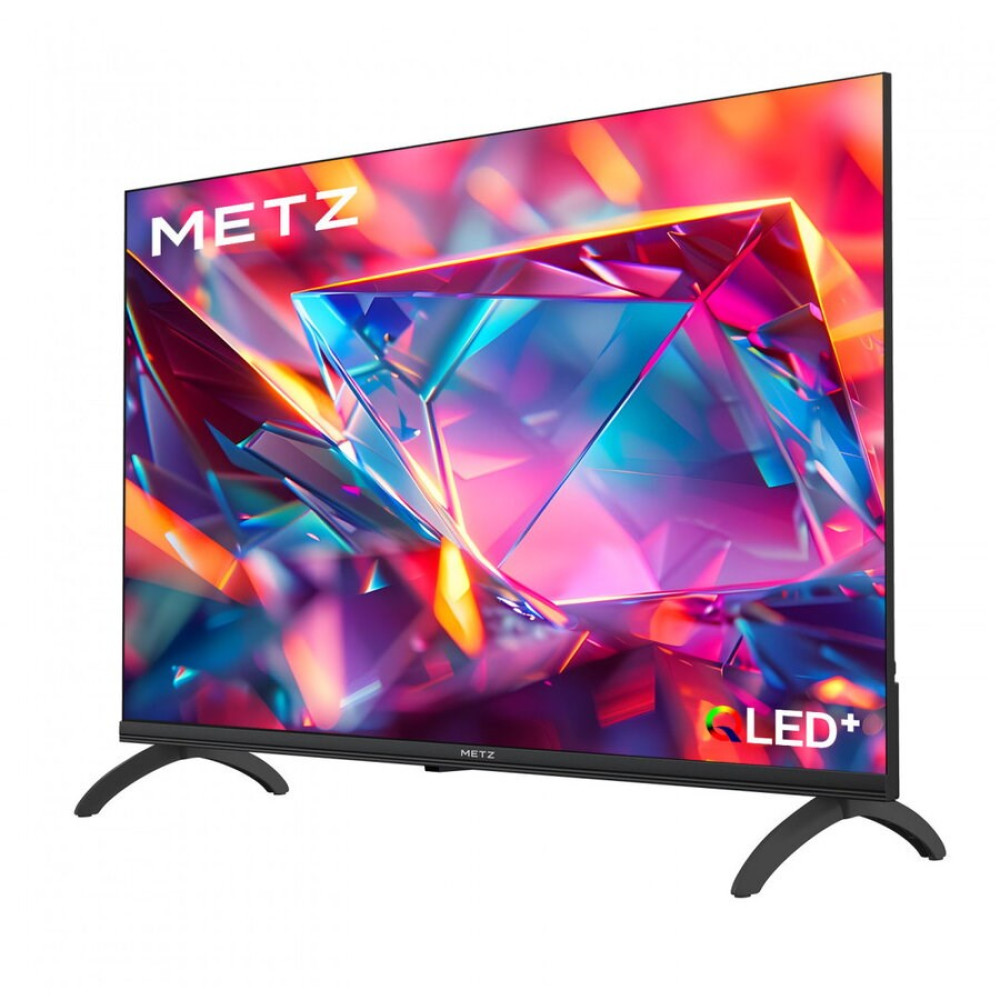 Telewizor Metz QLED+ na zakrzywionych czarnych stojakach, wyświetlający żywy, kolorowy obraz abstrakcyjny.