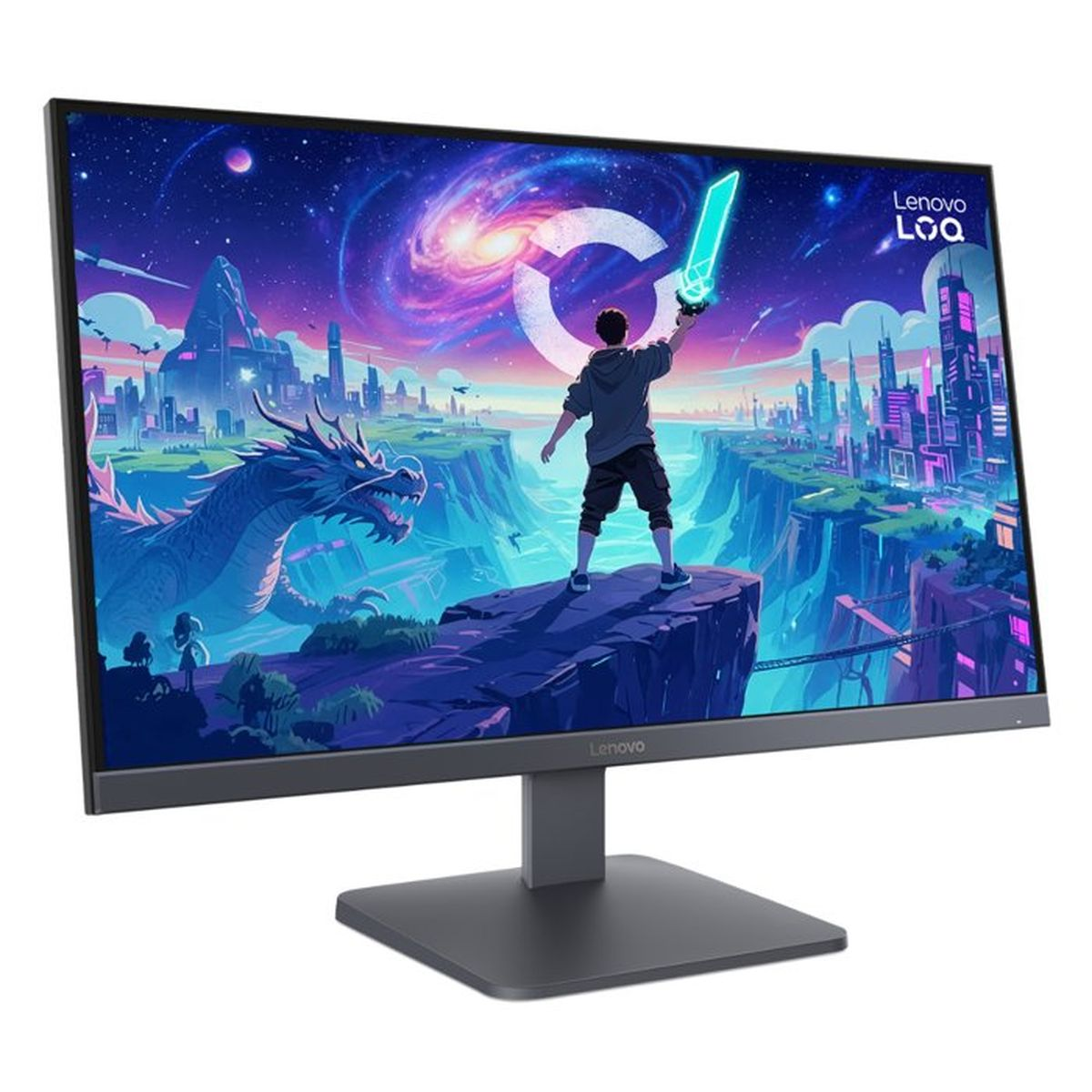 Un monitor Lenovo LOQ muestra una colorida escena de fantasía con dragones y un espadachín.