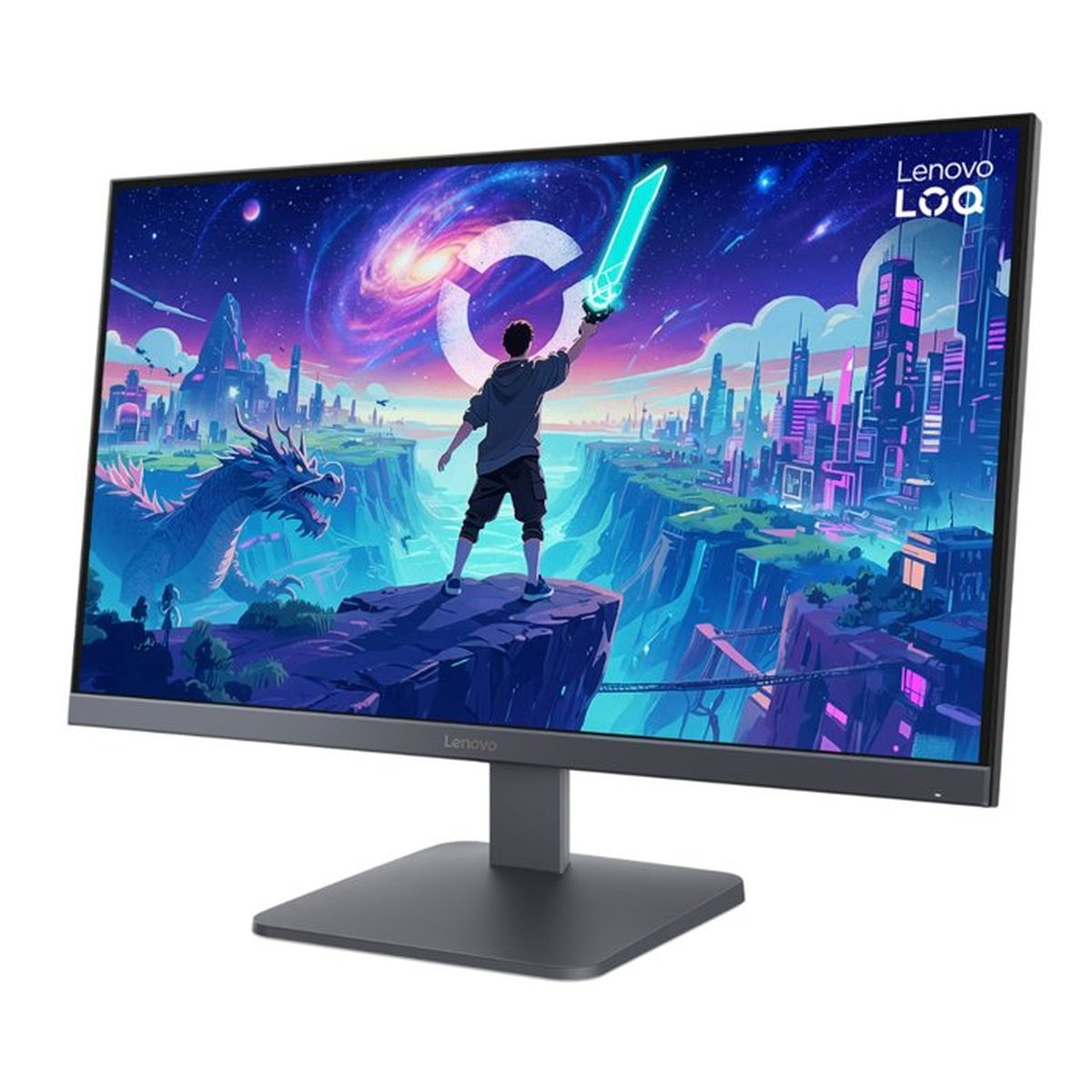 Monitor de juegos Lenovo LOQ con fondo de pantalla de fantasía con un personaje con espada brillante.