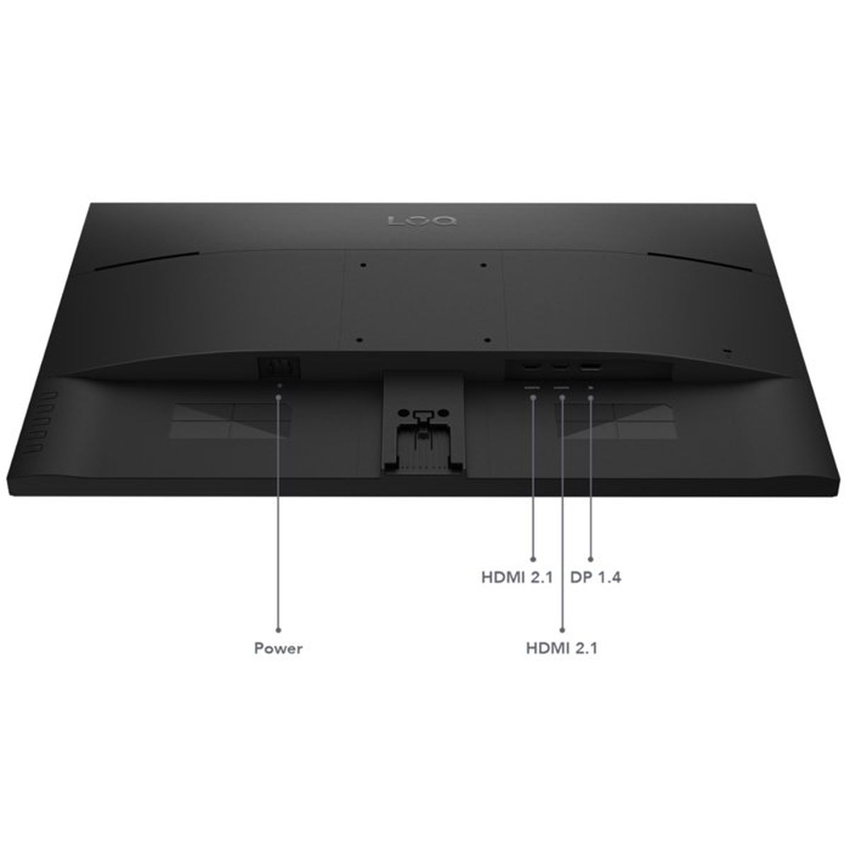 Parte trasera de un monitor negro con puertos etiquetados para alimentación, HDMI y DisplayPort.