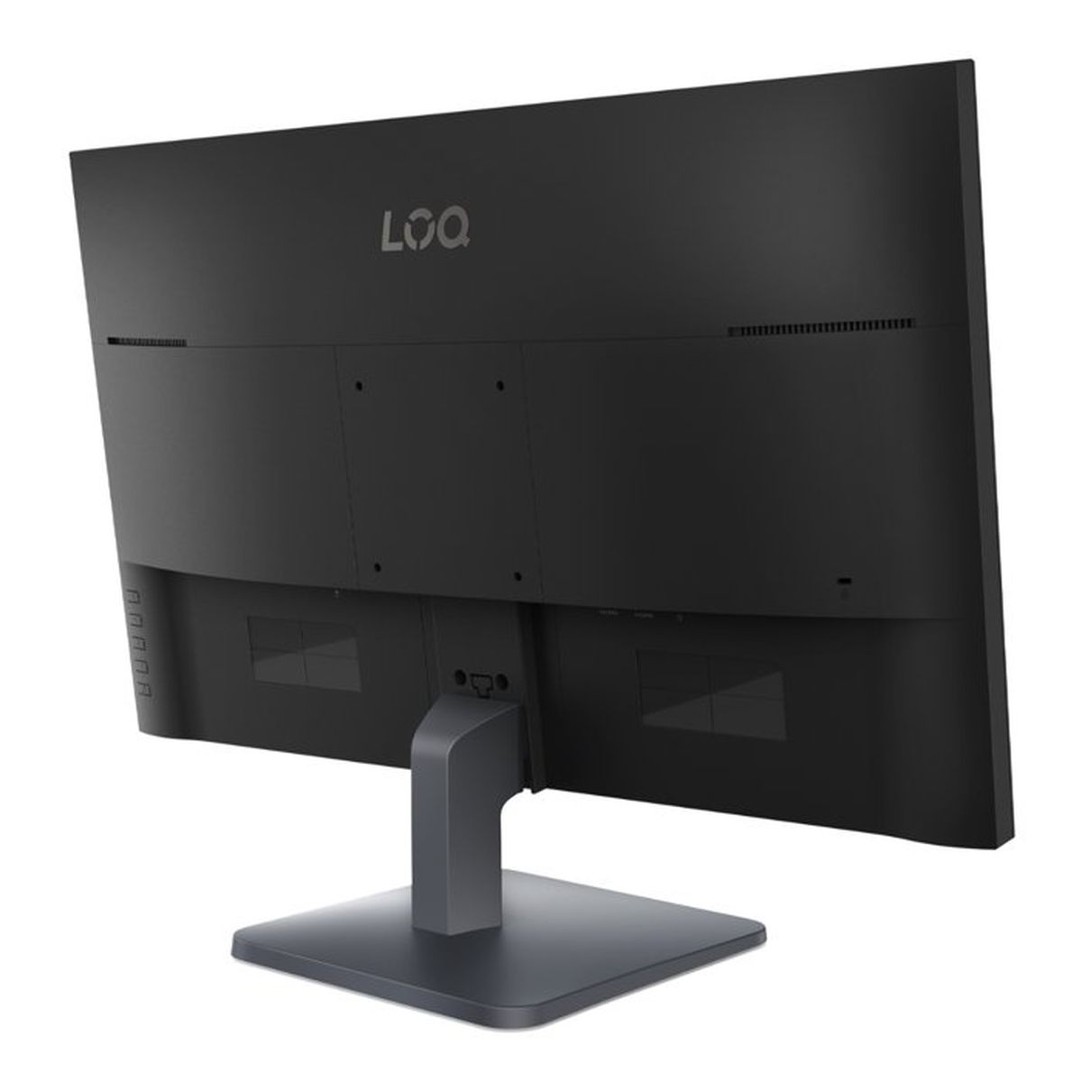 Vista trasera de un monitor LOQ negro con soporte gris sobre fondo blanco.